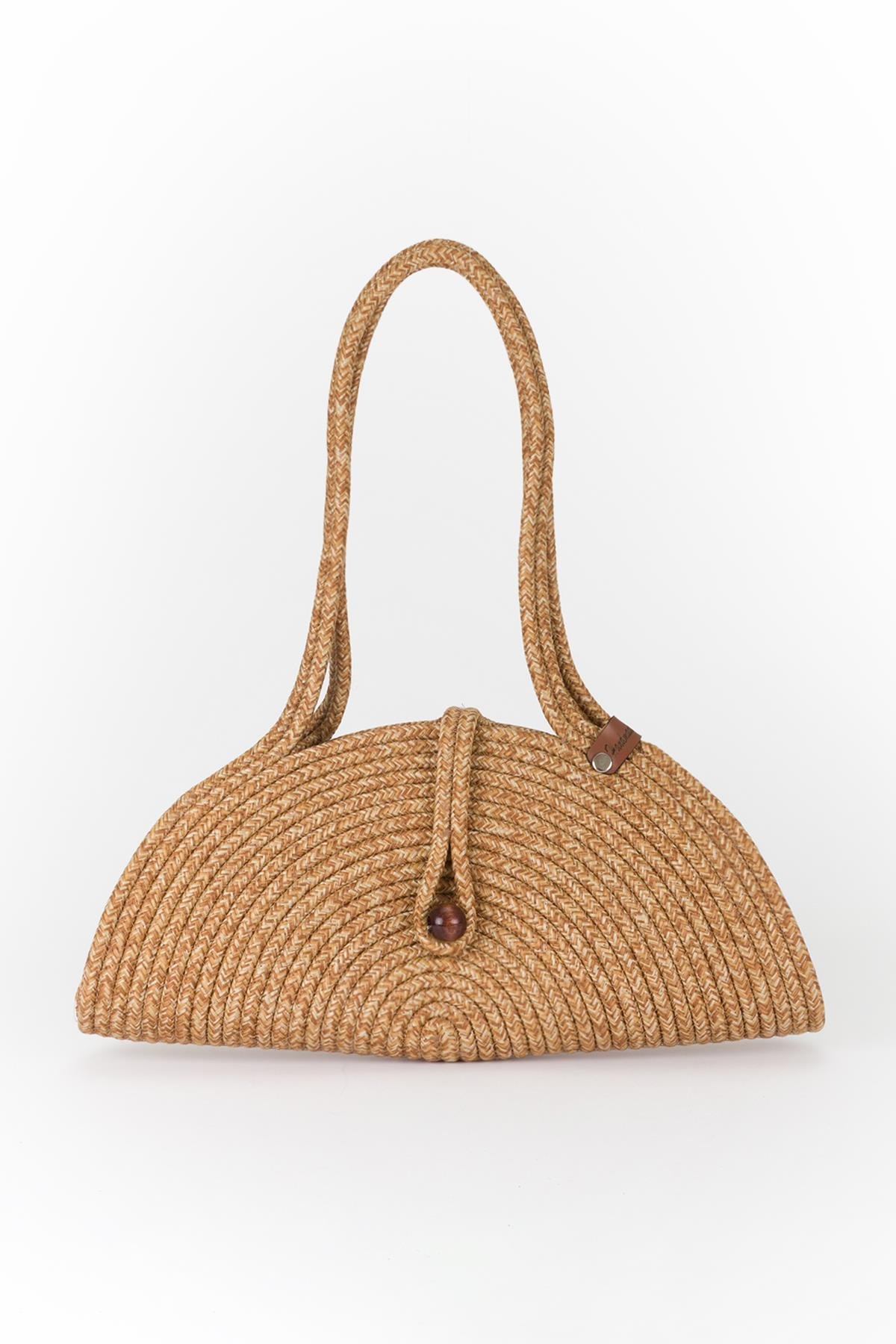 Düğme Detaylı Hasır Baget Çanta Bej