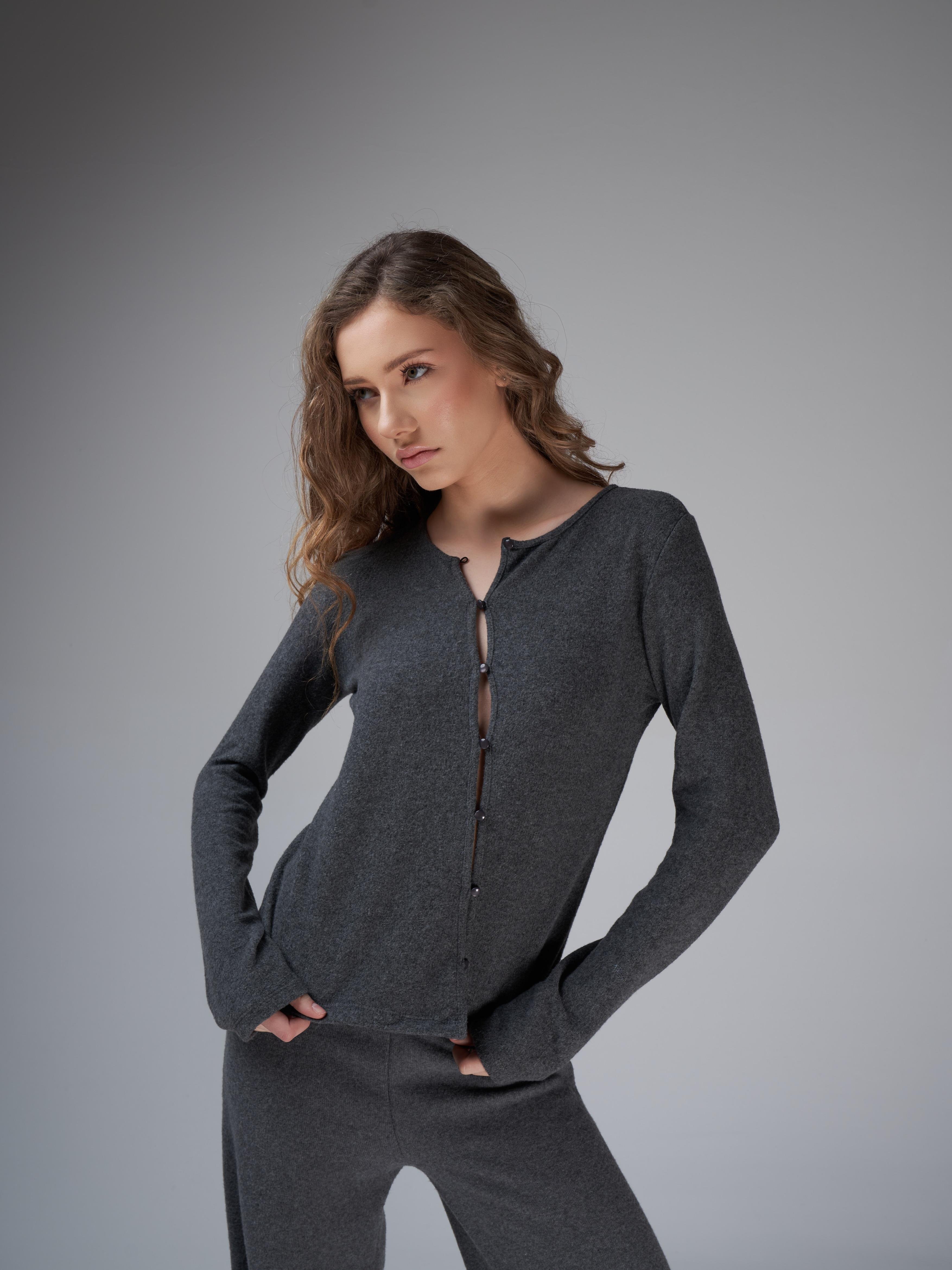 Düğme Detaylı Triko Uzun Kol Bluz Antrasit Melanj