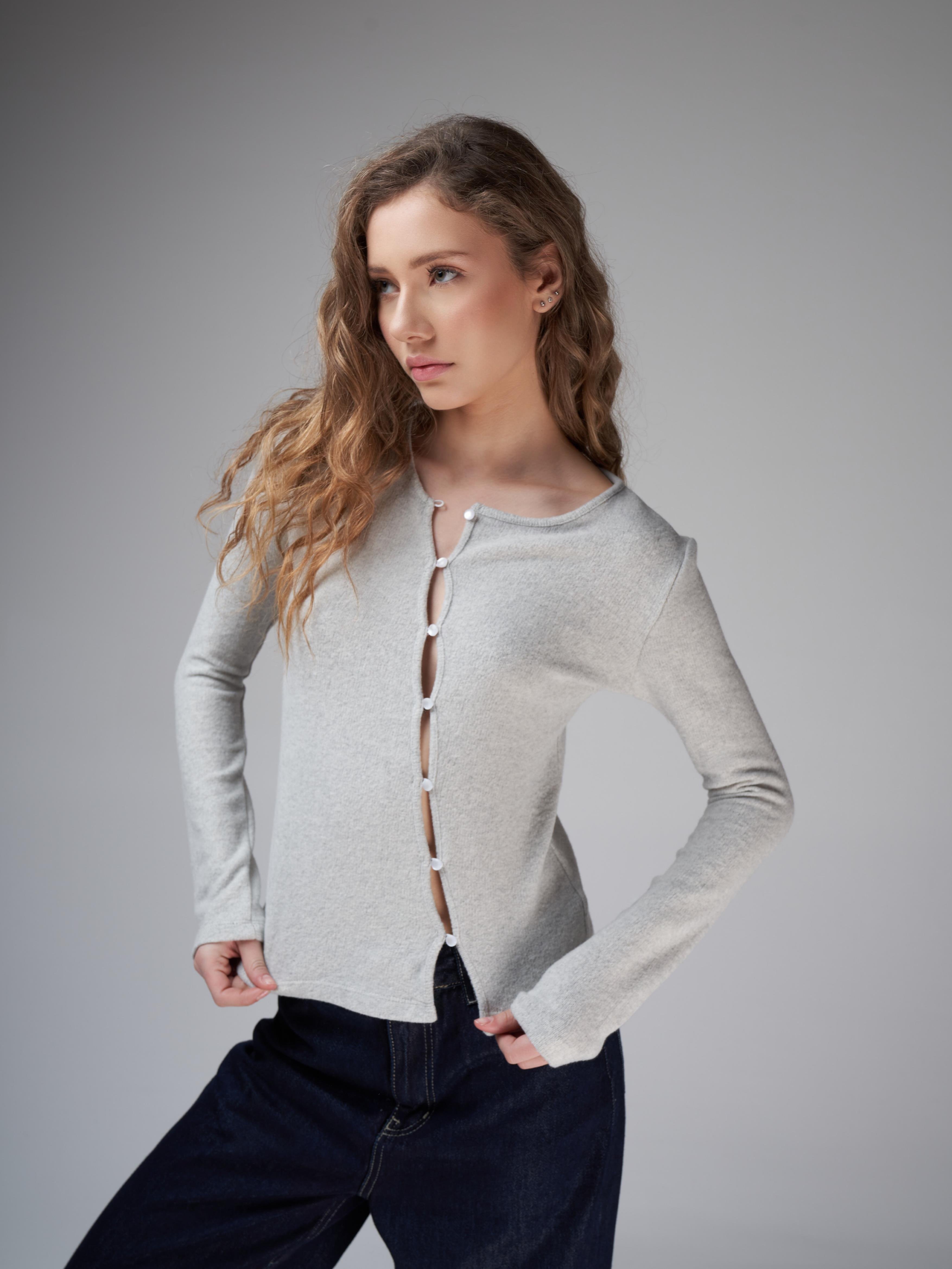 Düğme Detaylı Triko Uzun Kol Bluz Karmelanj