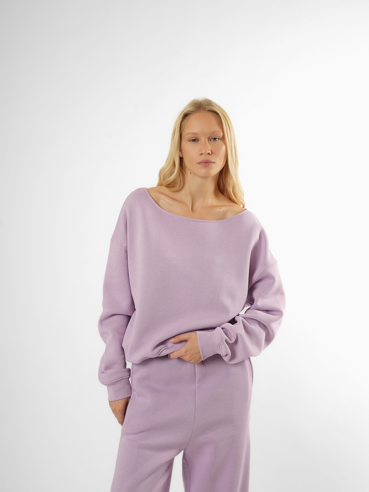 Düşük Omuz Şardonlu Sweatshirt Açık Lila