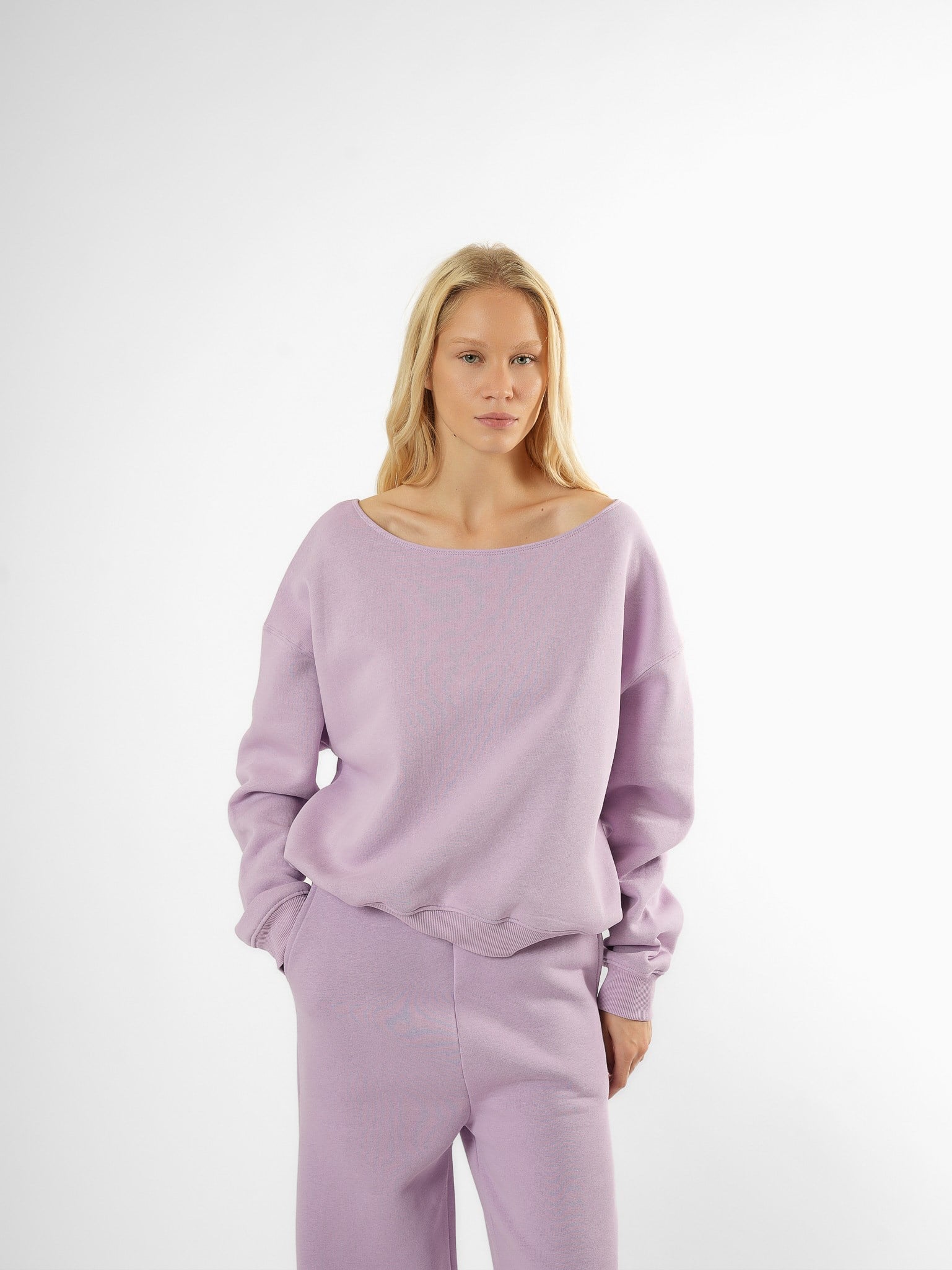 Düşük Omuz Şardonlu Sweatshirt Açık Lila