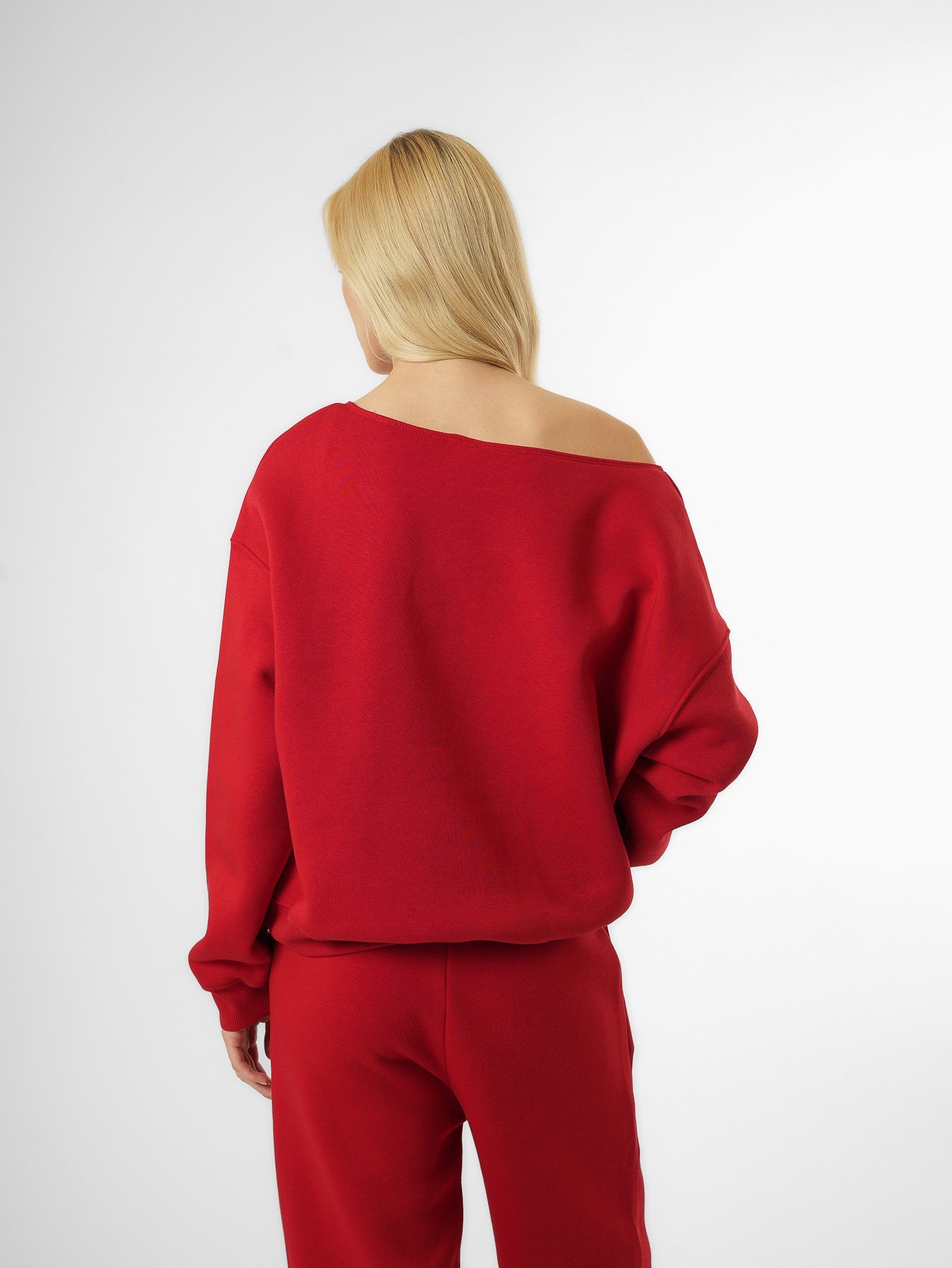 Düşük Omuz Şardonlu Sweatshirt Kırmızı