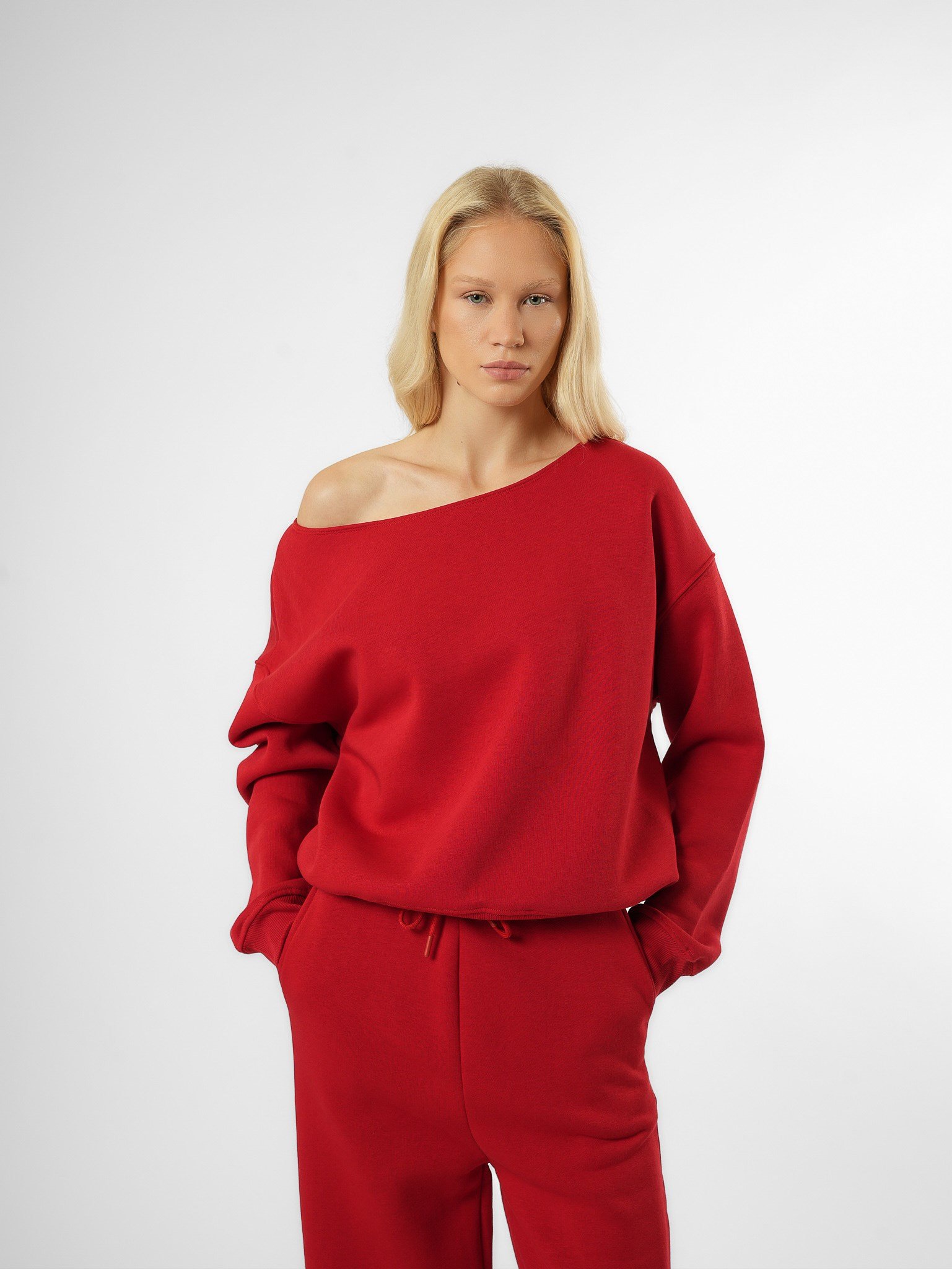 Düşük Omuz Şardonlu Sweatshirt Kırmızı