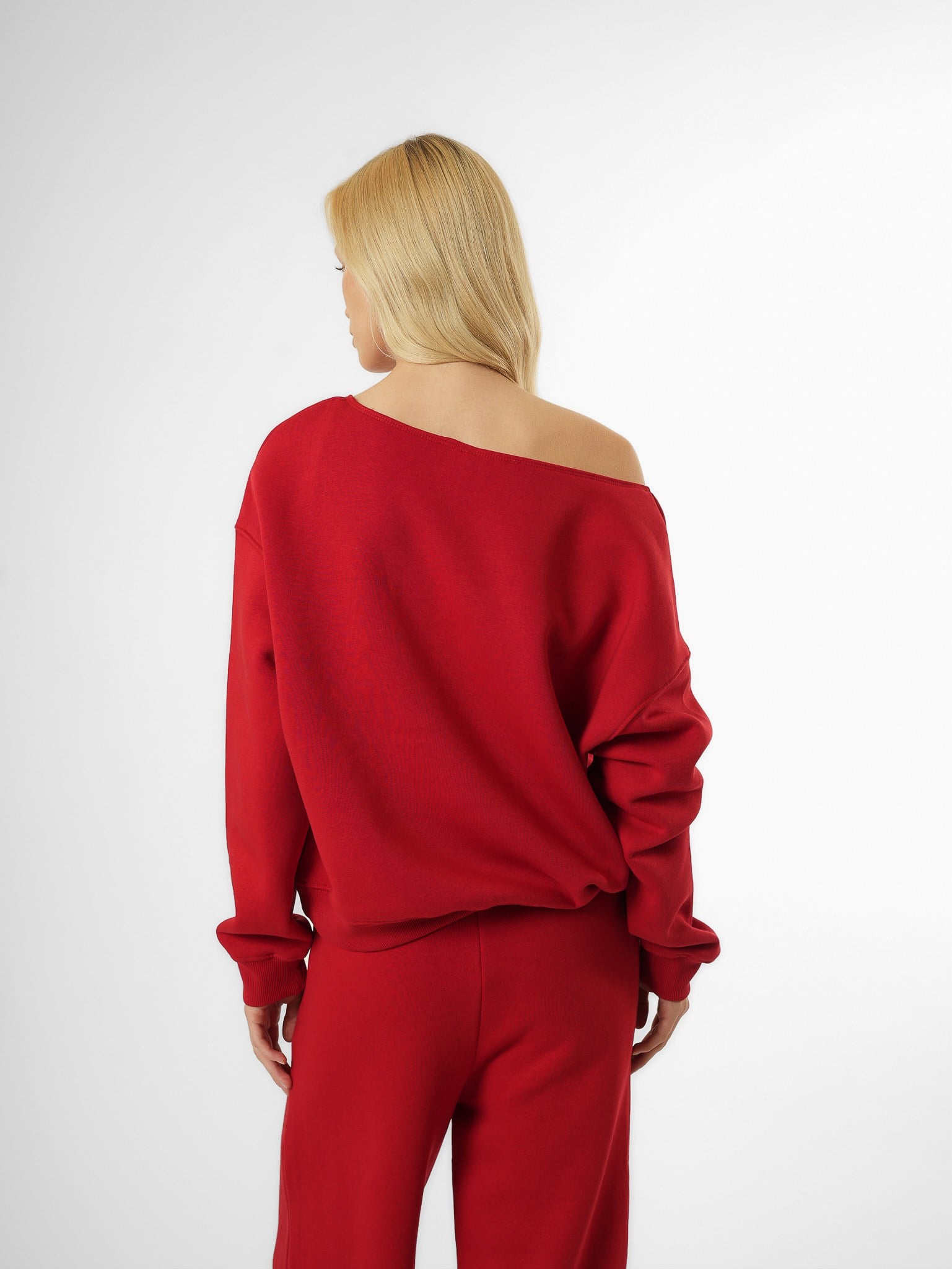 Düşük Omuz Şardonlu Sweatshirt Kırmızı