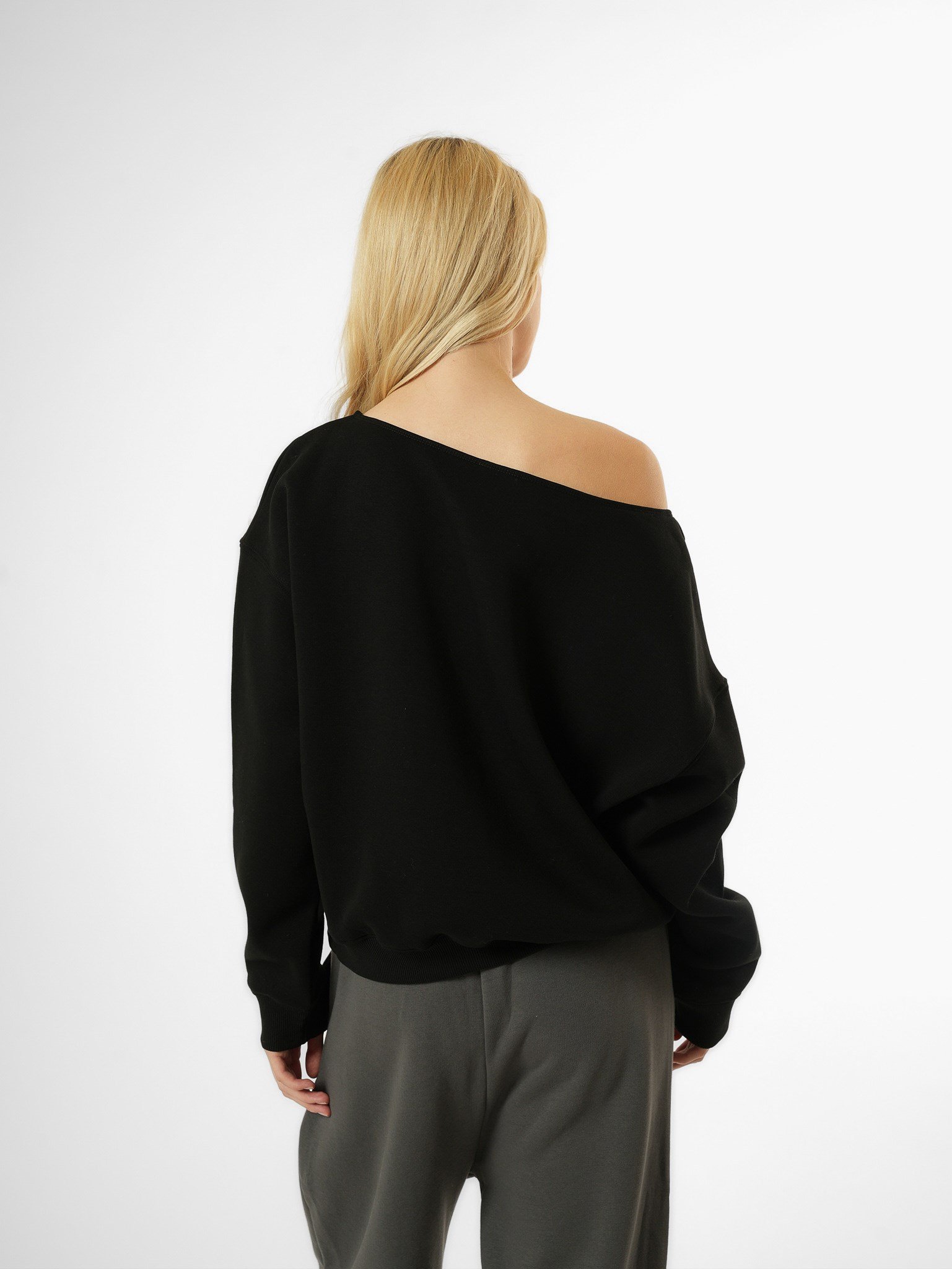 Düşük Omuz Şardonlu Sweatshirt Siyah