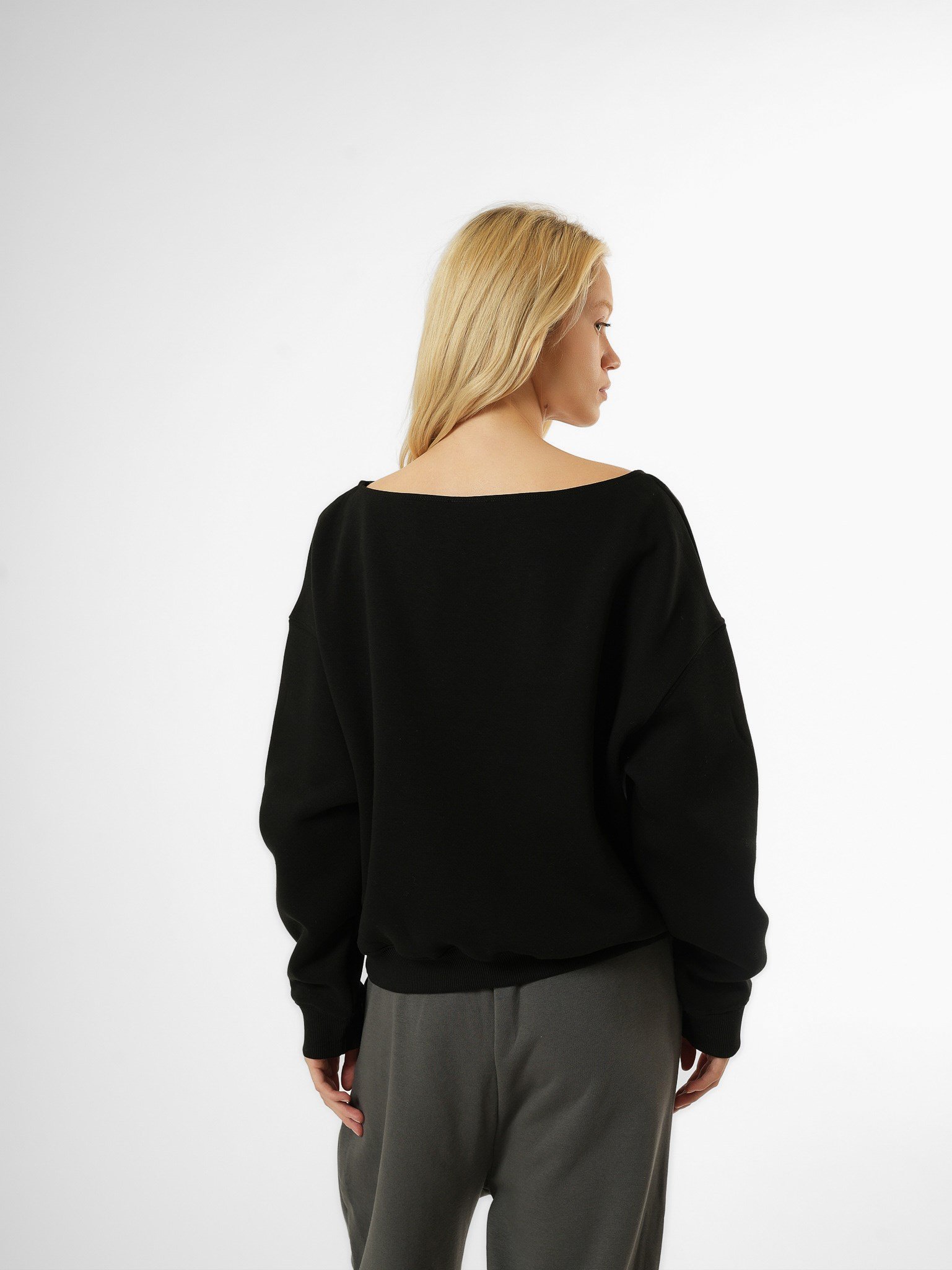 Düşük Omuz Şardonlu Sweatshirt Siyah