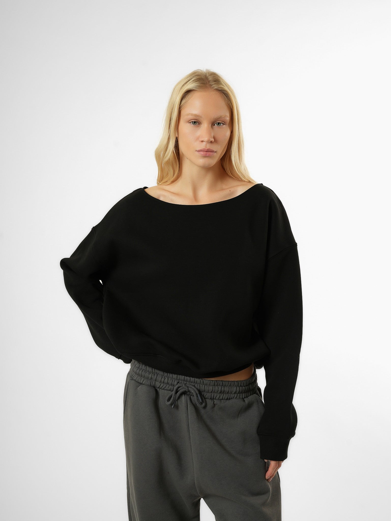 Düşük Omuz Şardonlu Sweatshirt Siyah
