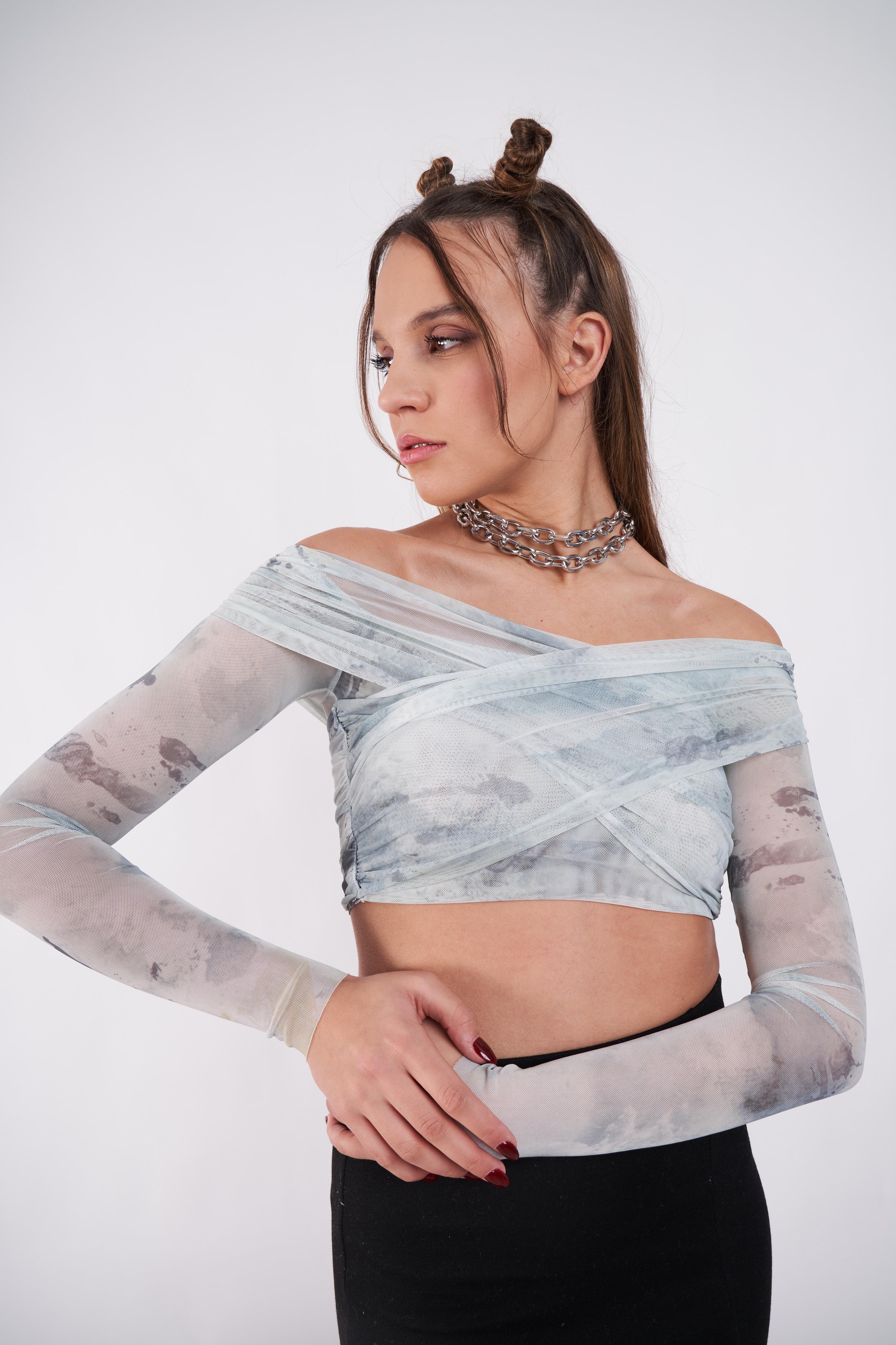 Düşük Omuz Tül Crop Bluz Gri