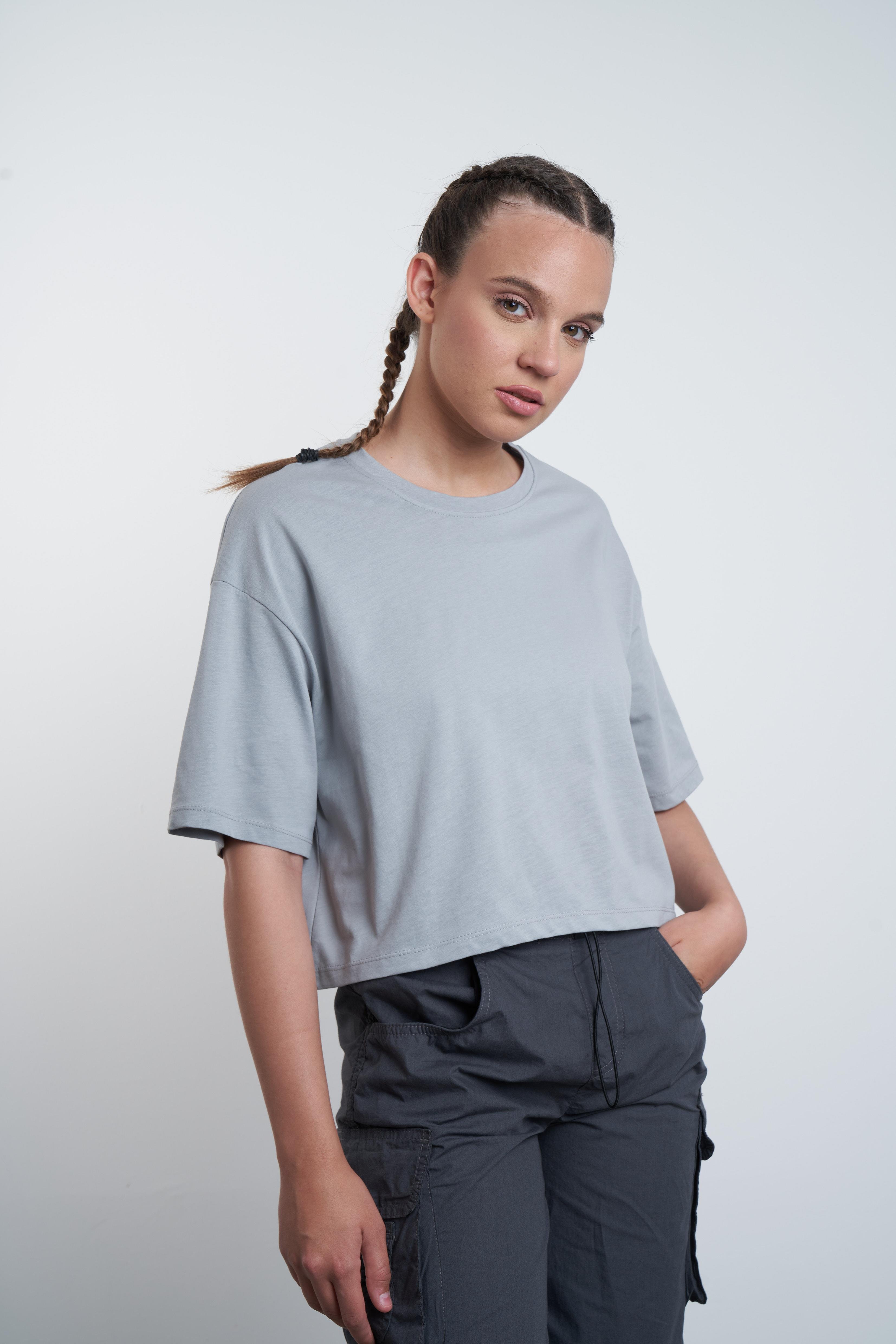 Düz Basic Kısa T-shirt Boyalı Gri