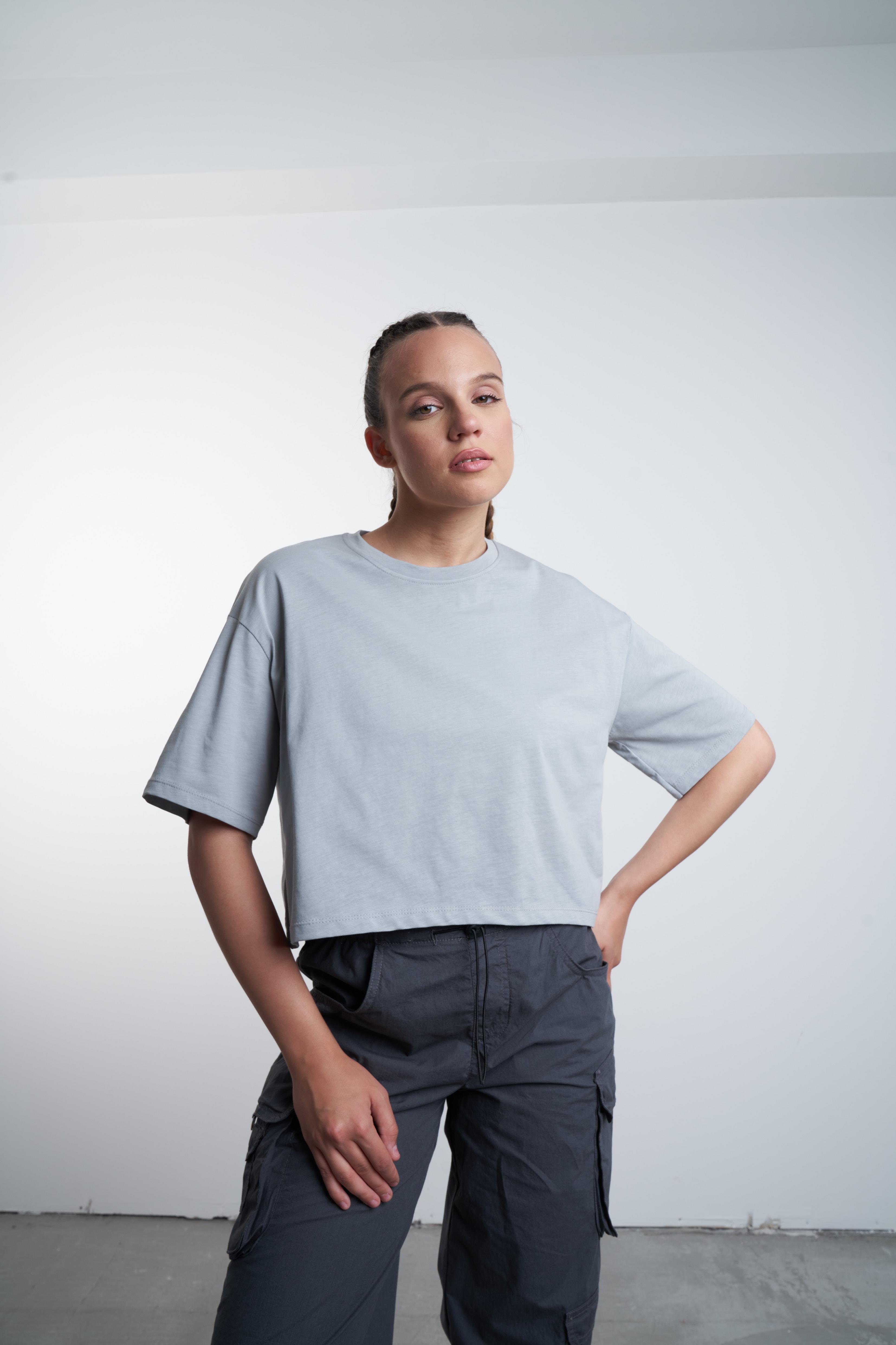 Düz Basic Kısa T-shirt Boyalı Gri