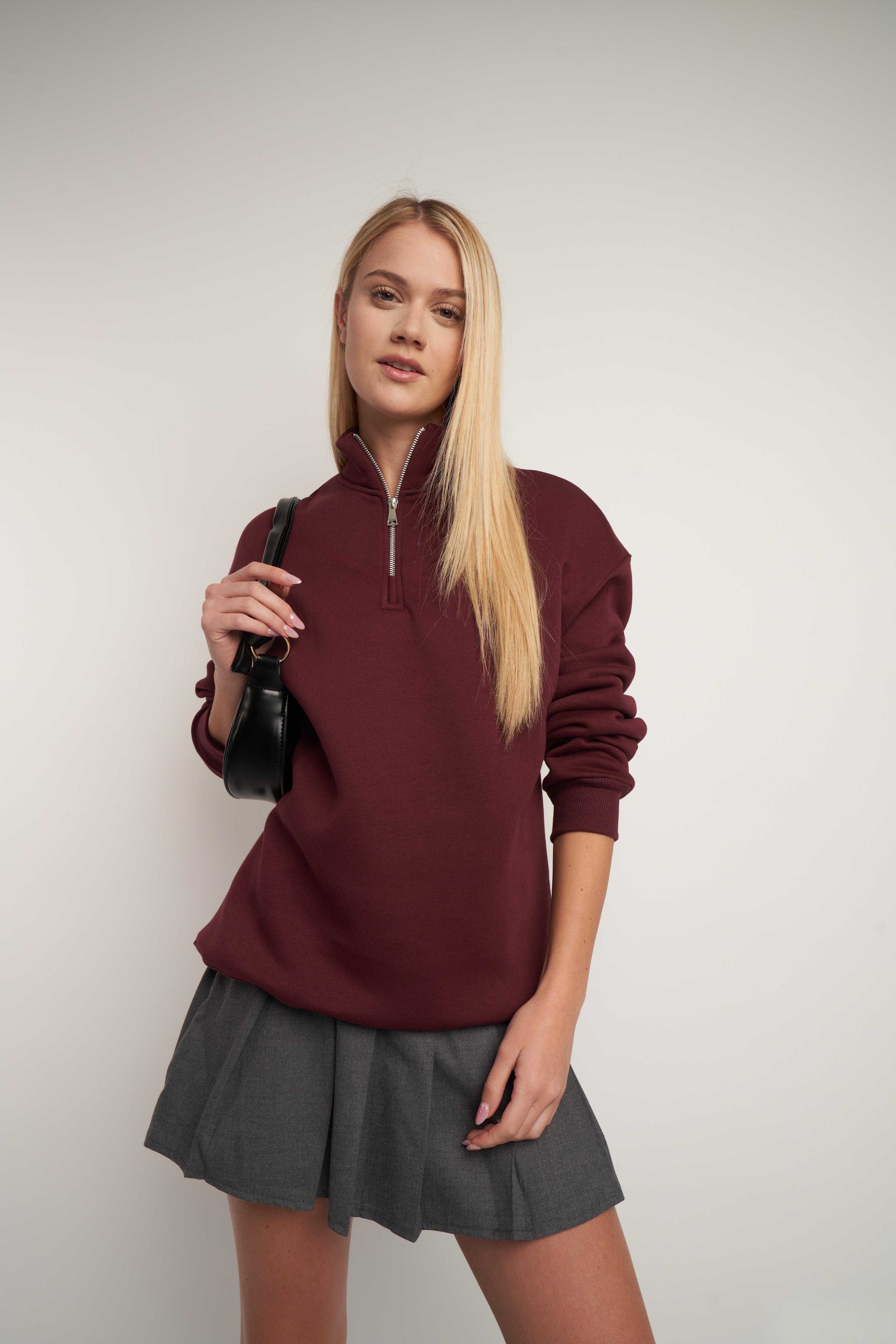 Fermuar Detaylı Basic Sweatshirt Bordo