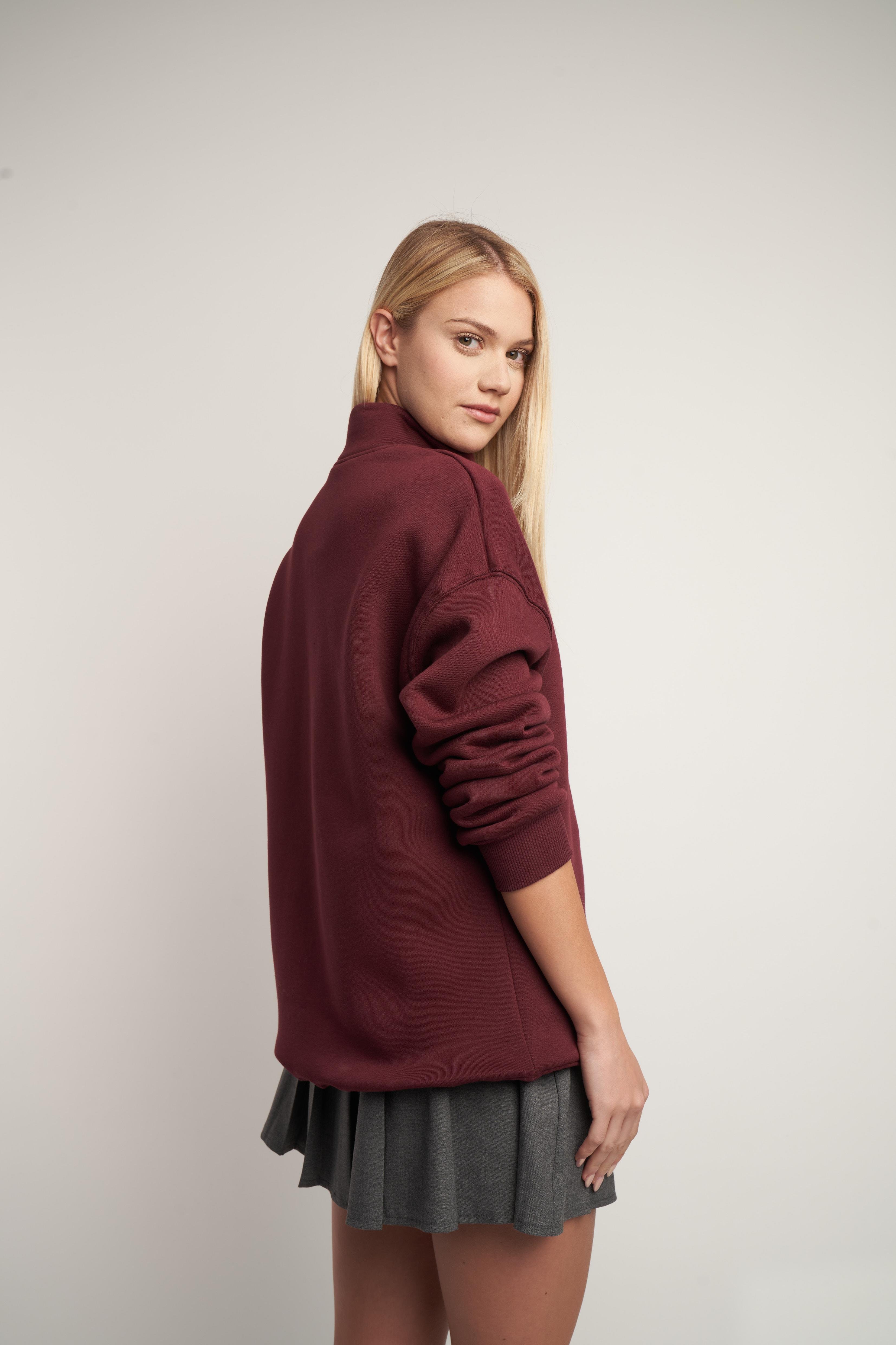 Fermuar Detaylı Basic Sweatshirt Bordo