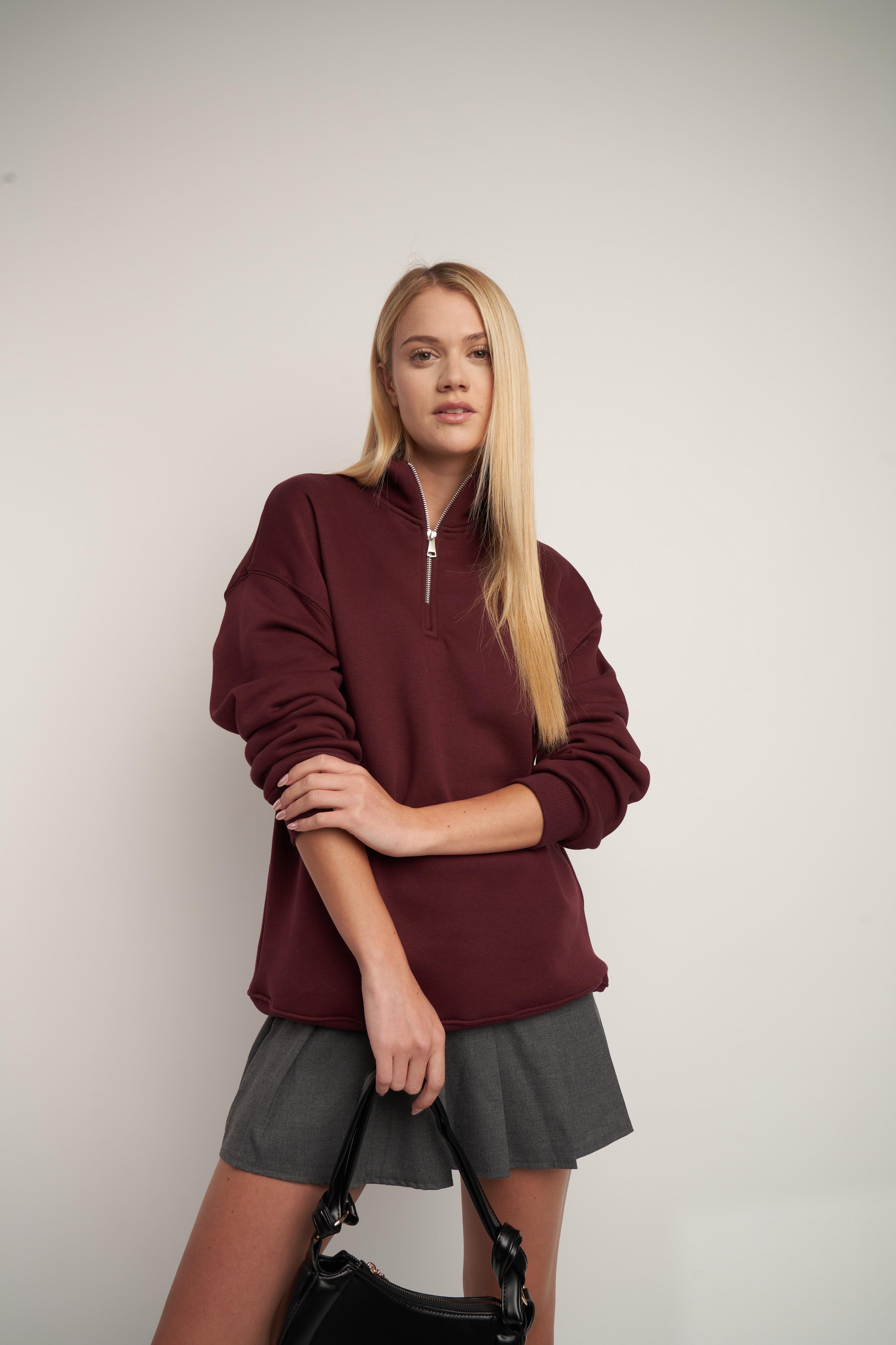 Fermuar Detaylı Basic Sweatshirt Bordo