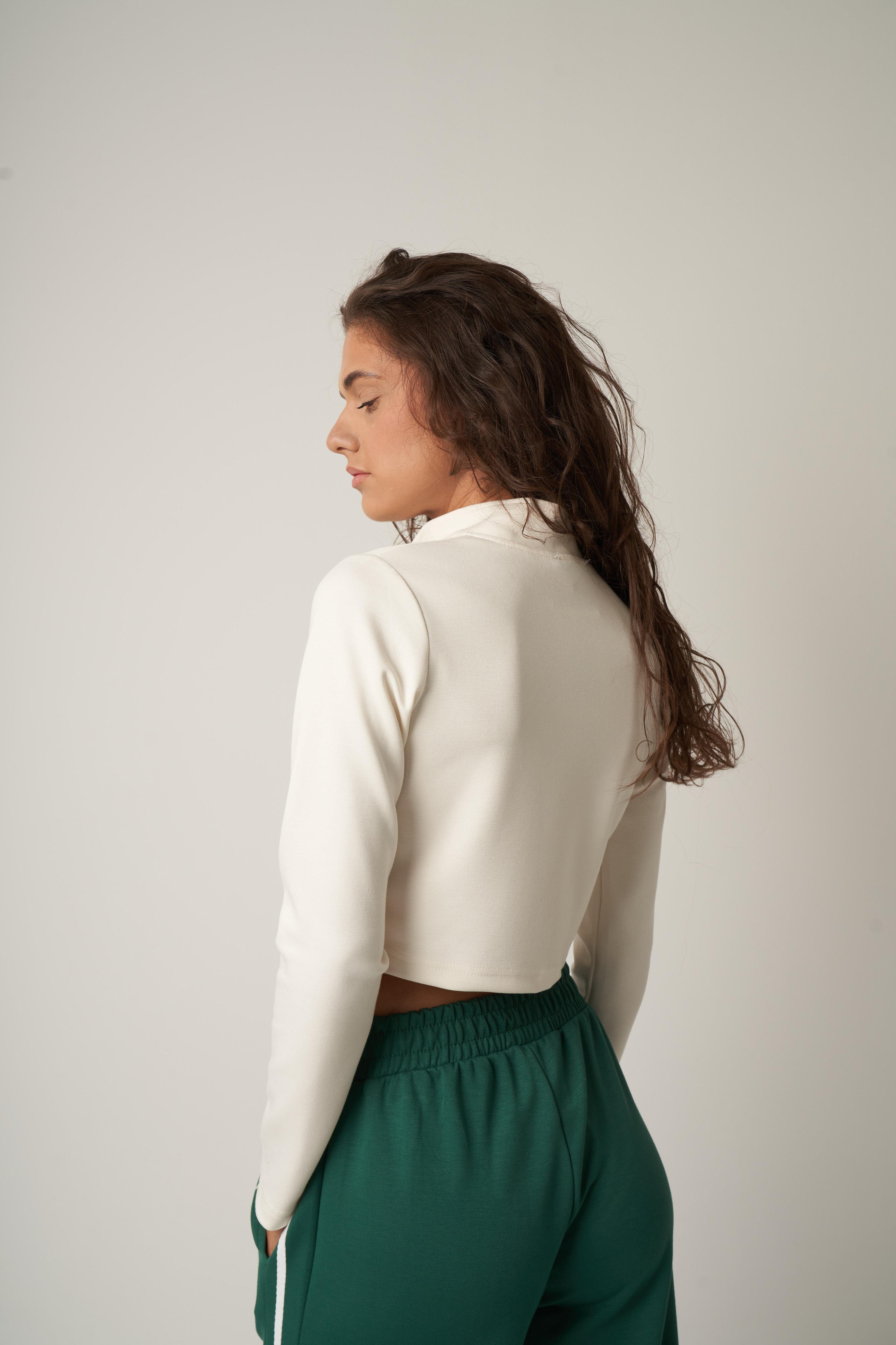 Fermuar Detaylı Kısa Sweatshirt Ekru