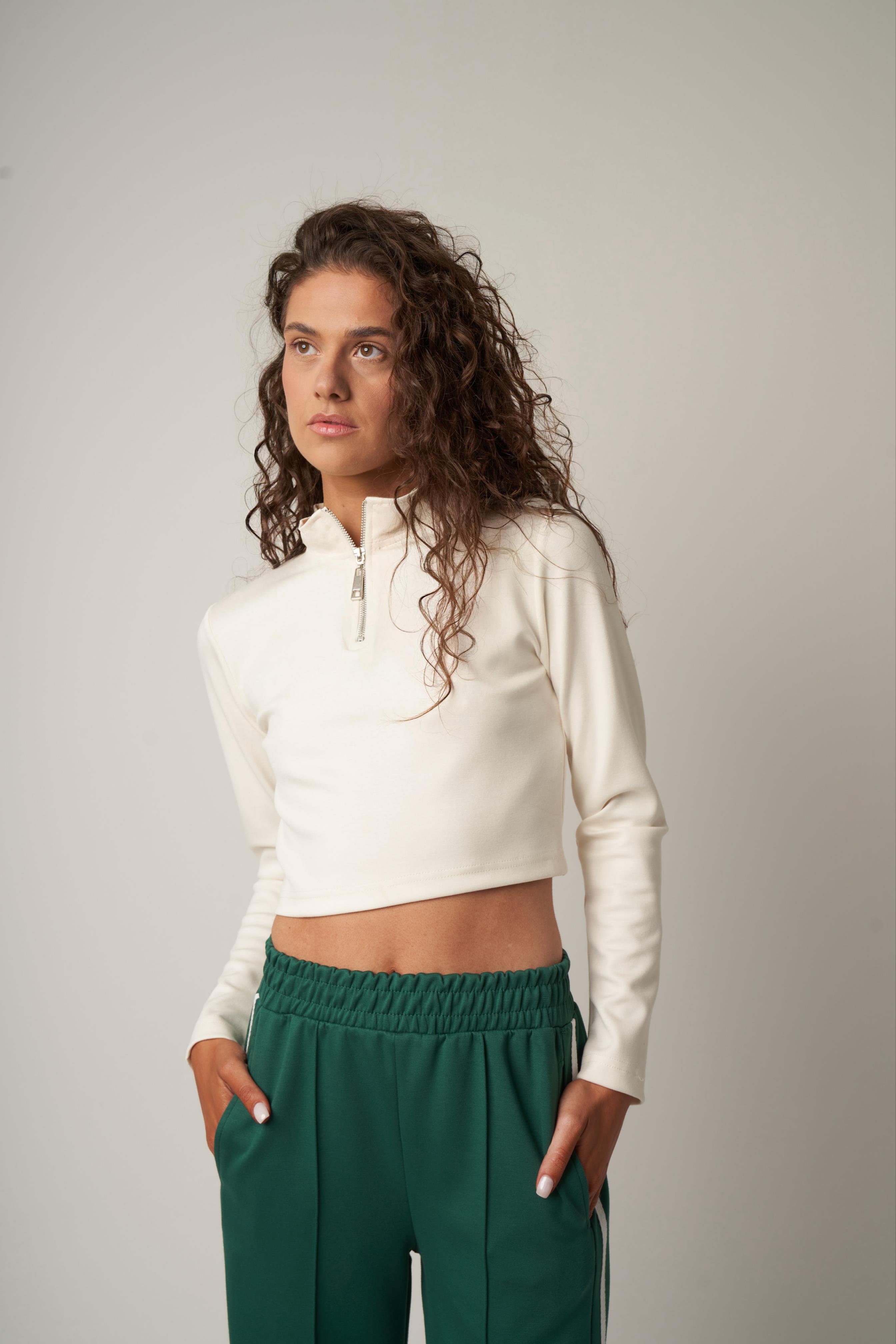 Fermuar Detaylı Kısa Sweatshirt Ekru