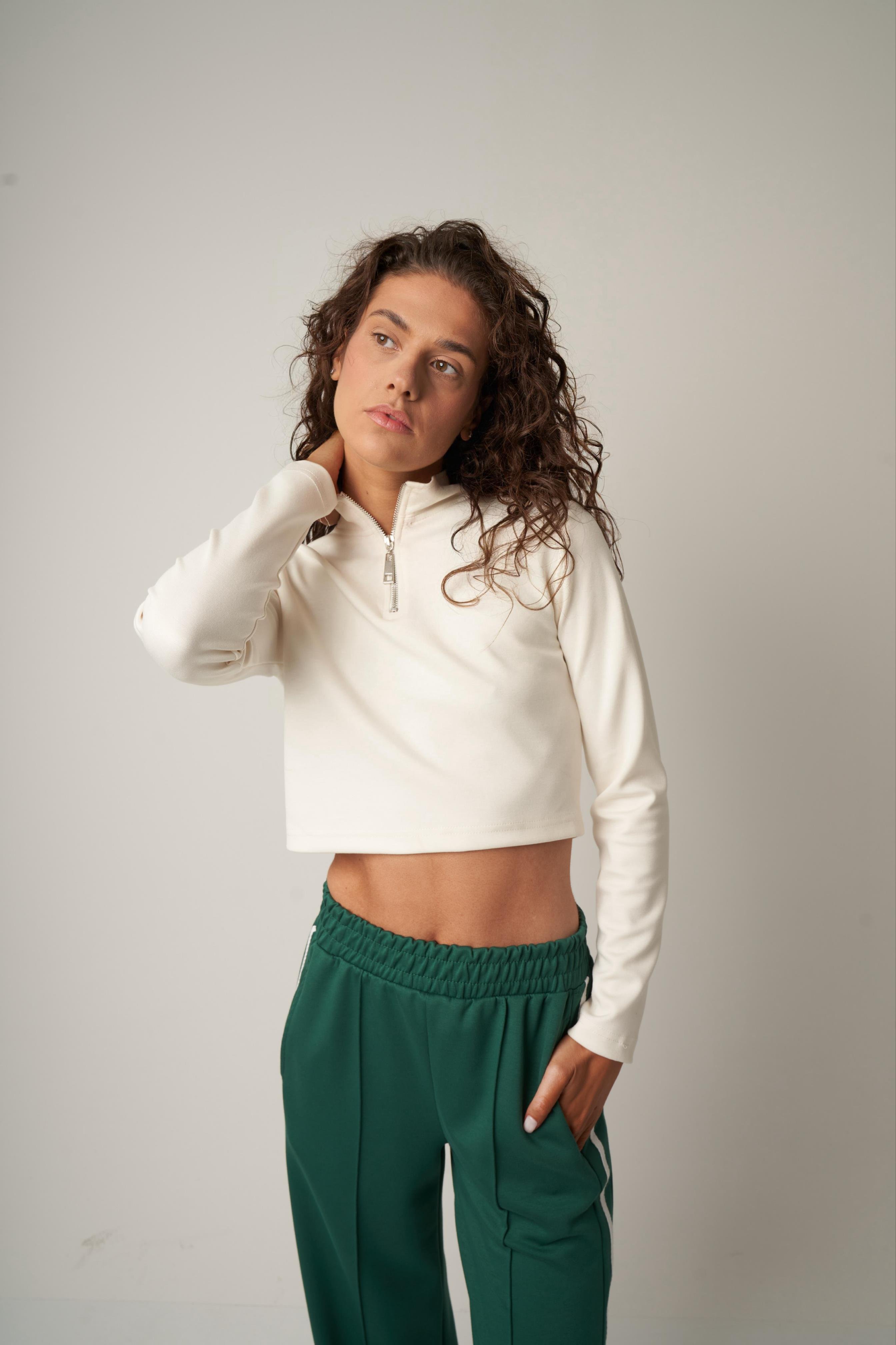 Fermuar Detaylı Kısa Sweatshirt Ekru