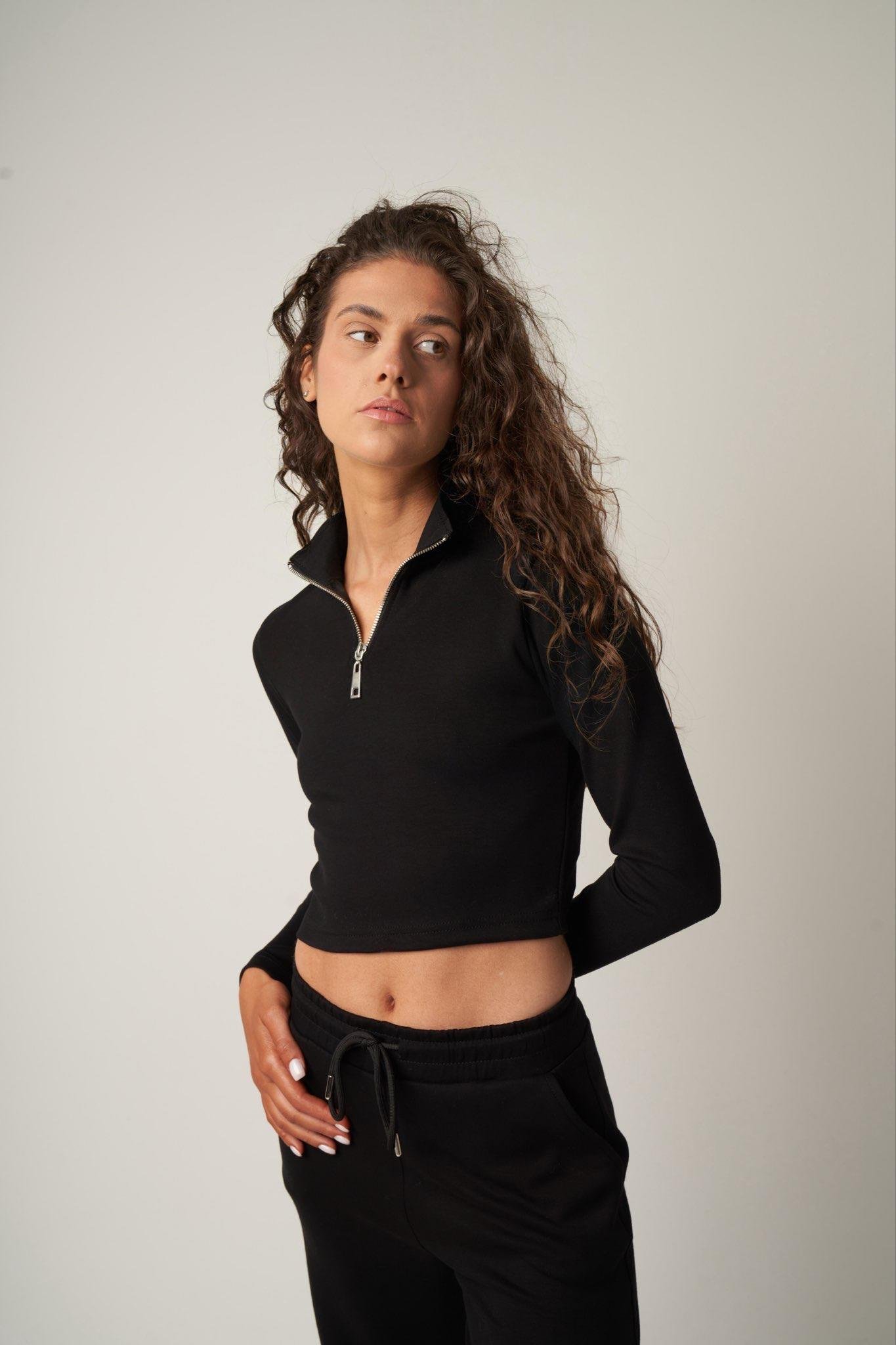 Fermuar Detaylı Kısa Sweatshirt Siyah