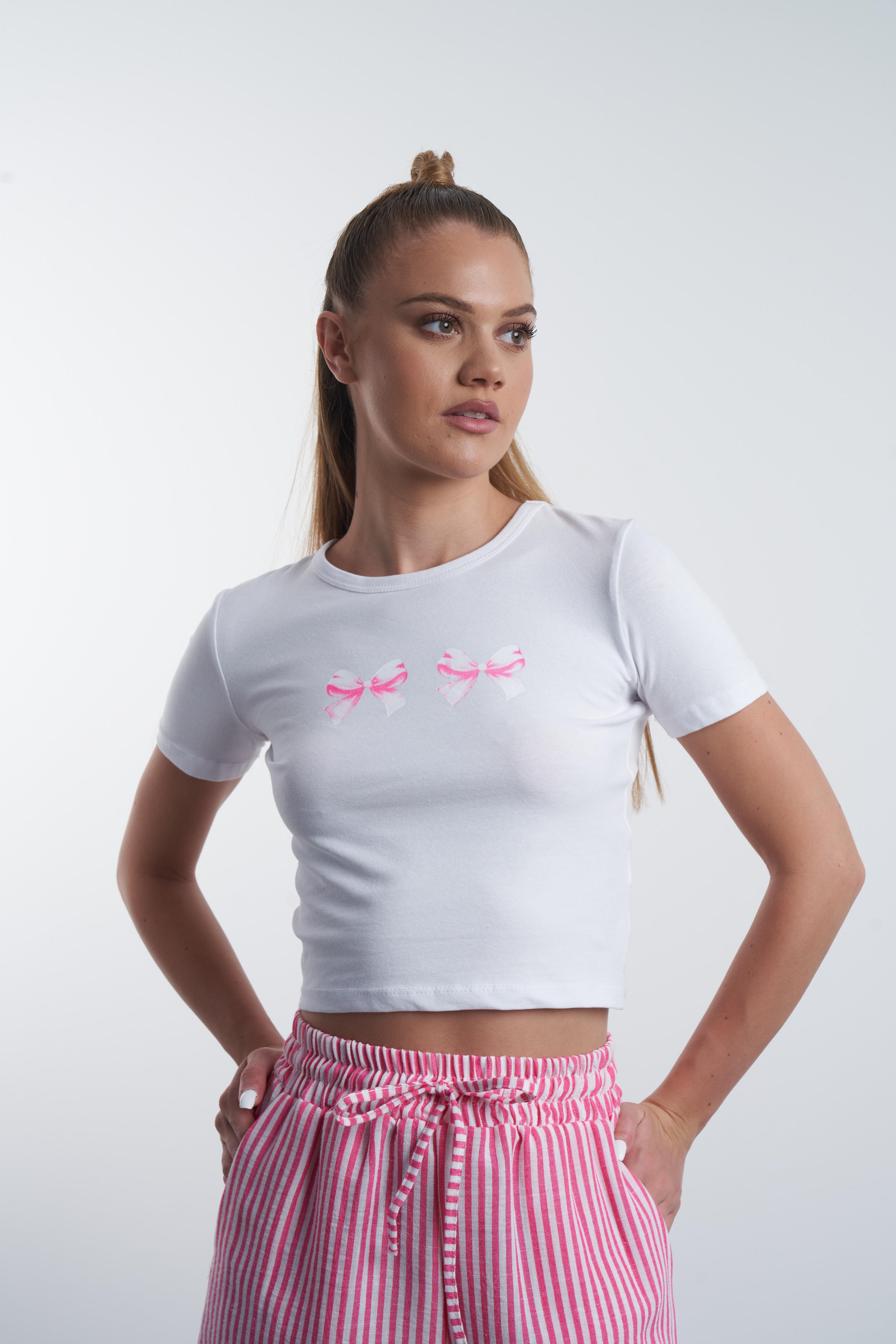 Fiyonk Baskılı Kısa T-shirt Beyaz