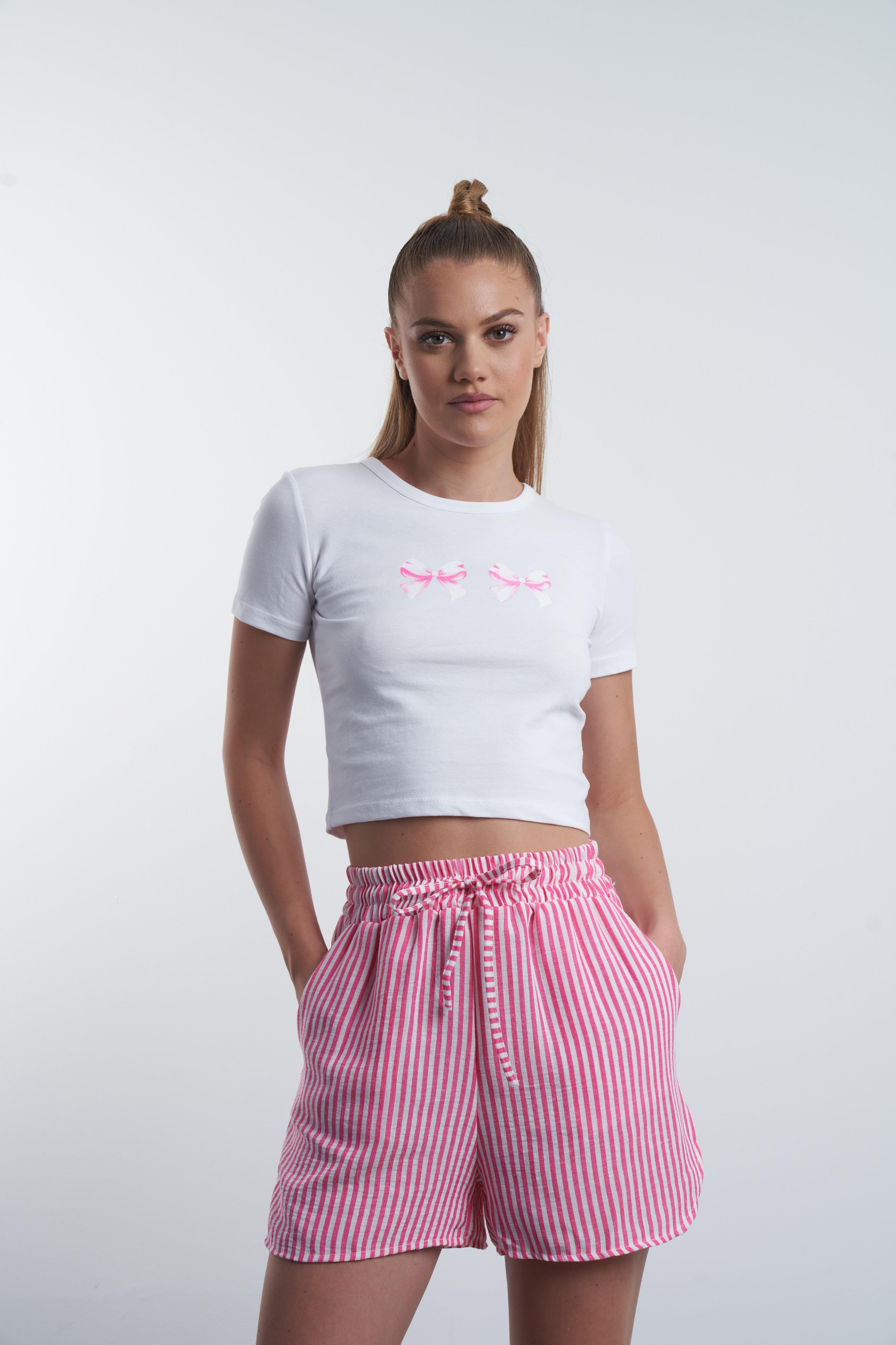Fiyonk Baskılı Kısa T-shirt Beyaz