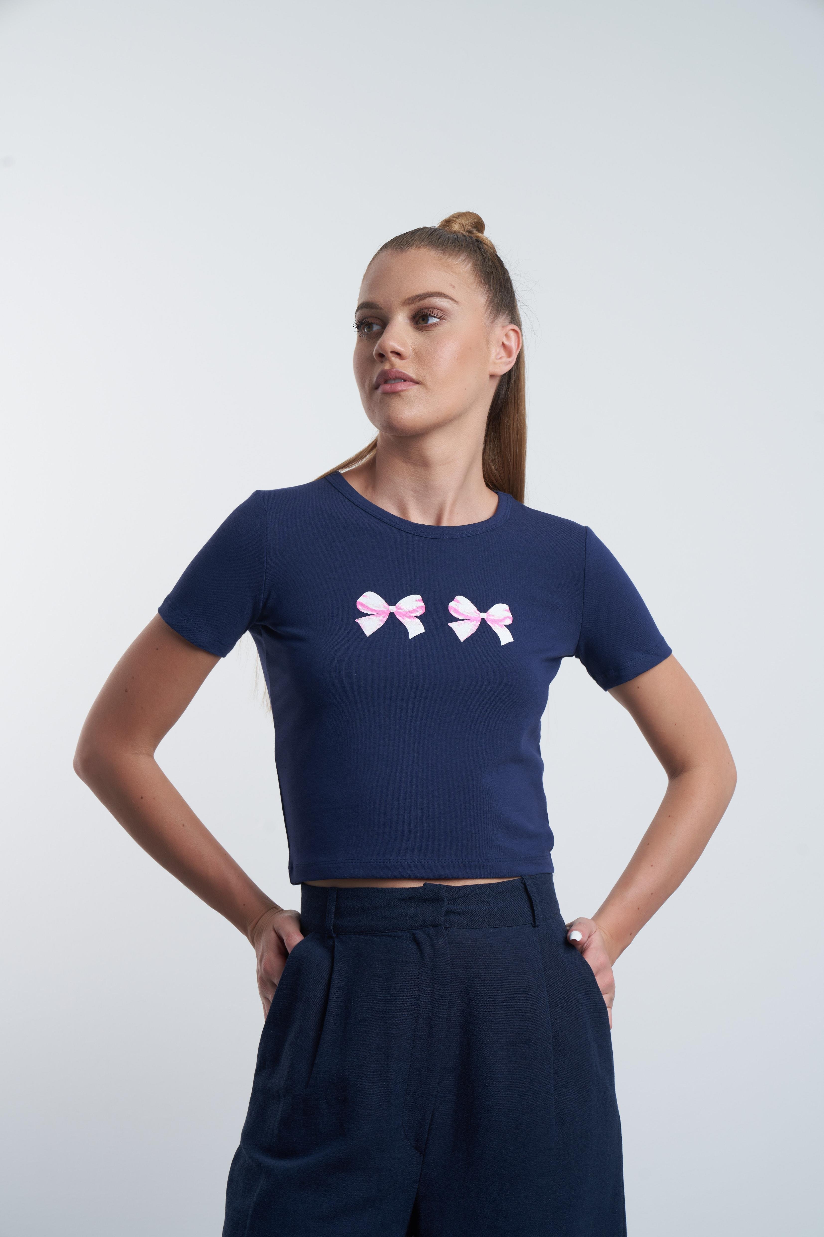 Fiyonk Baskılı Kısa T-shirt Lacivert