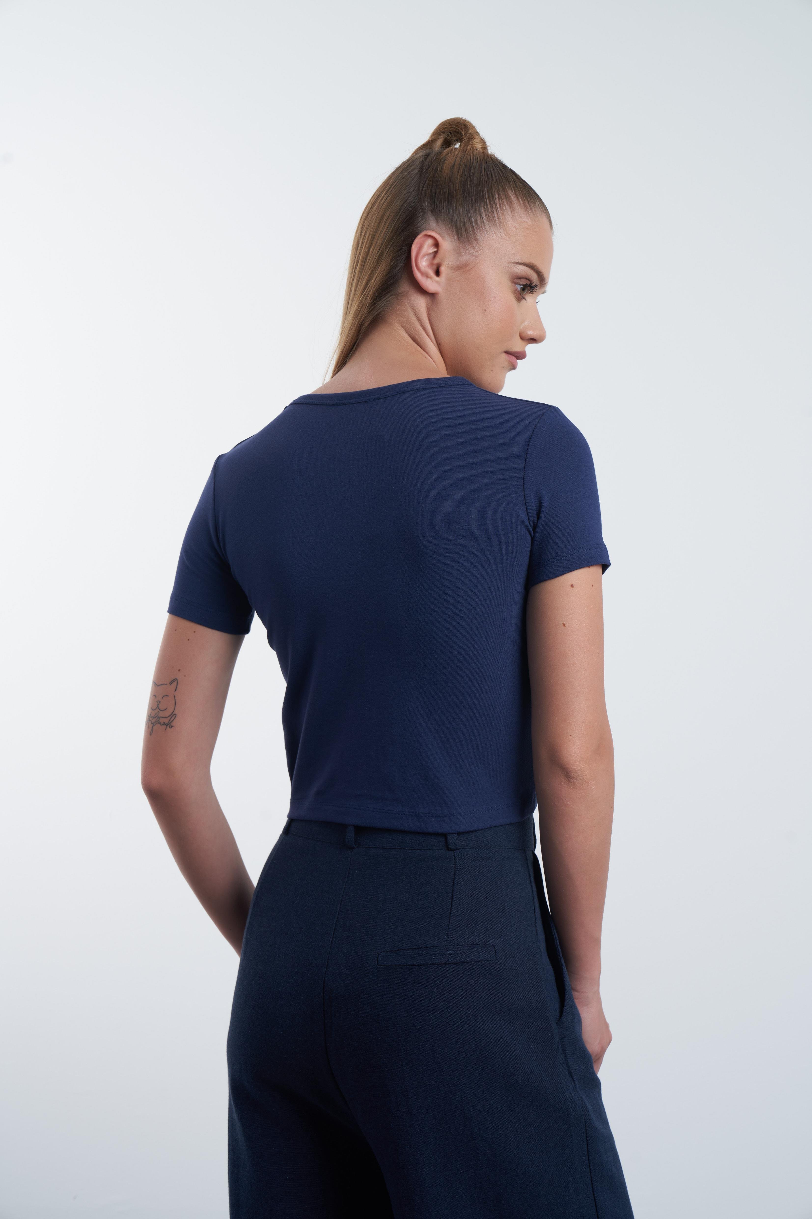 Fiyonk Baskılı Kısa T-shirt Lacivert