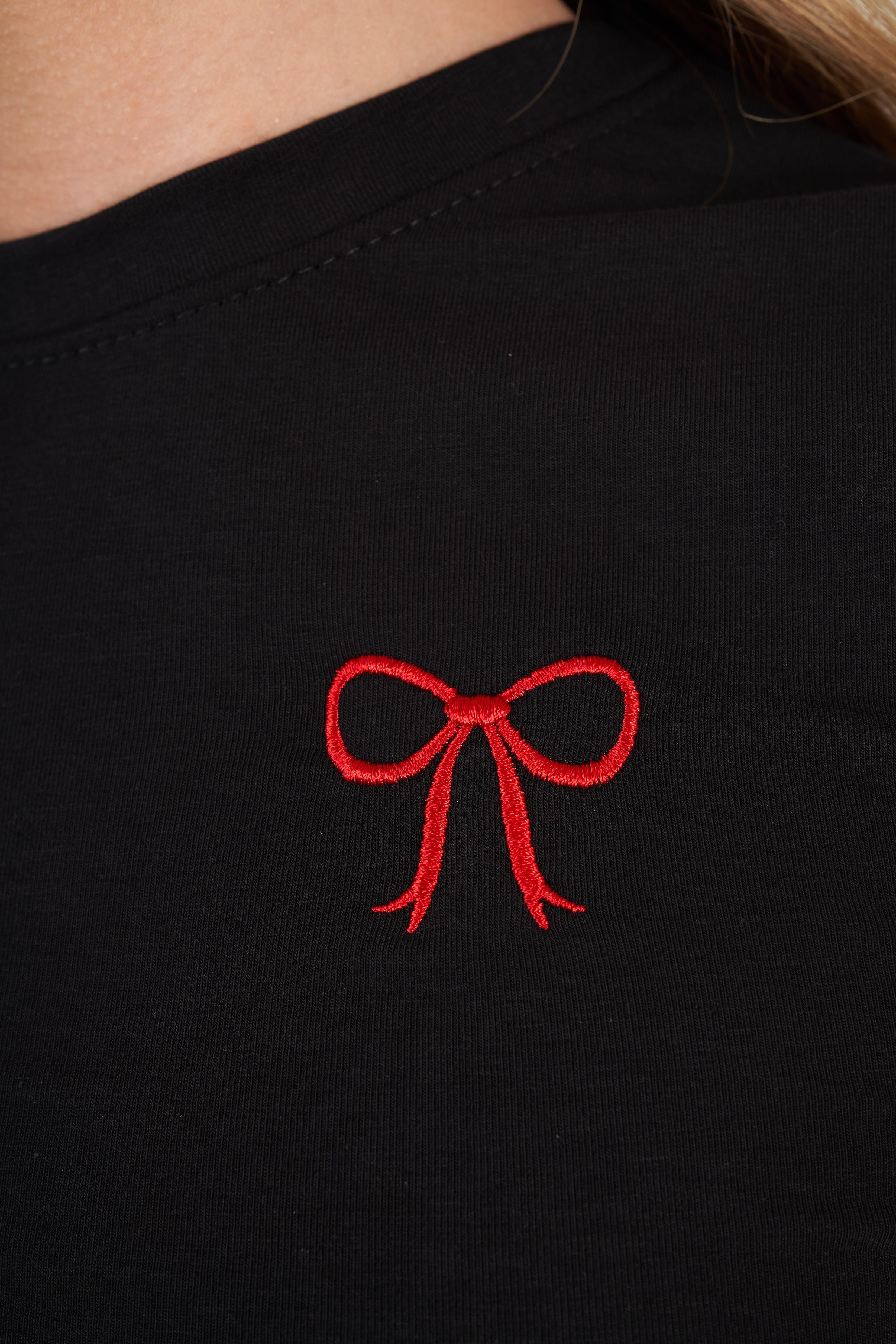 Fiyonk Nakış Baskılı Kısa T-shirt Siyah