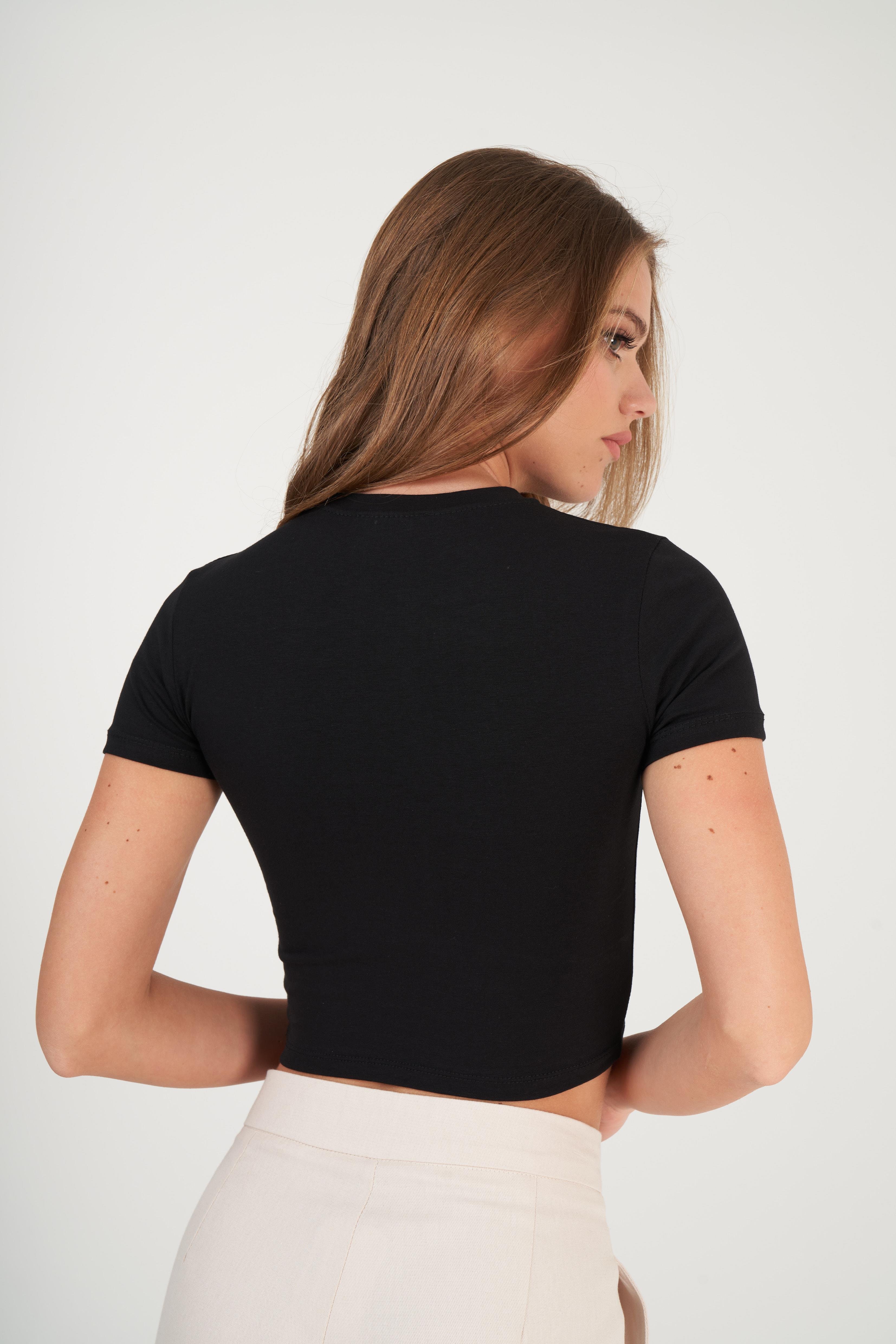Fiyonk Nakış Baskılı Kısa T-shirt Siyah