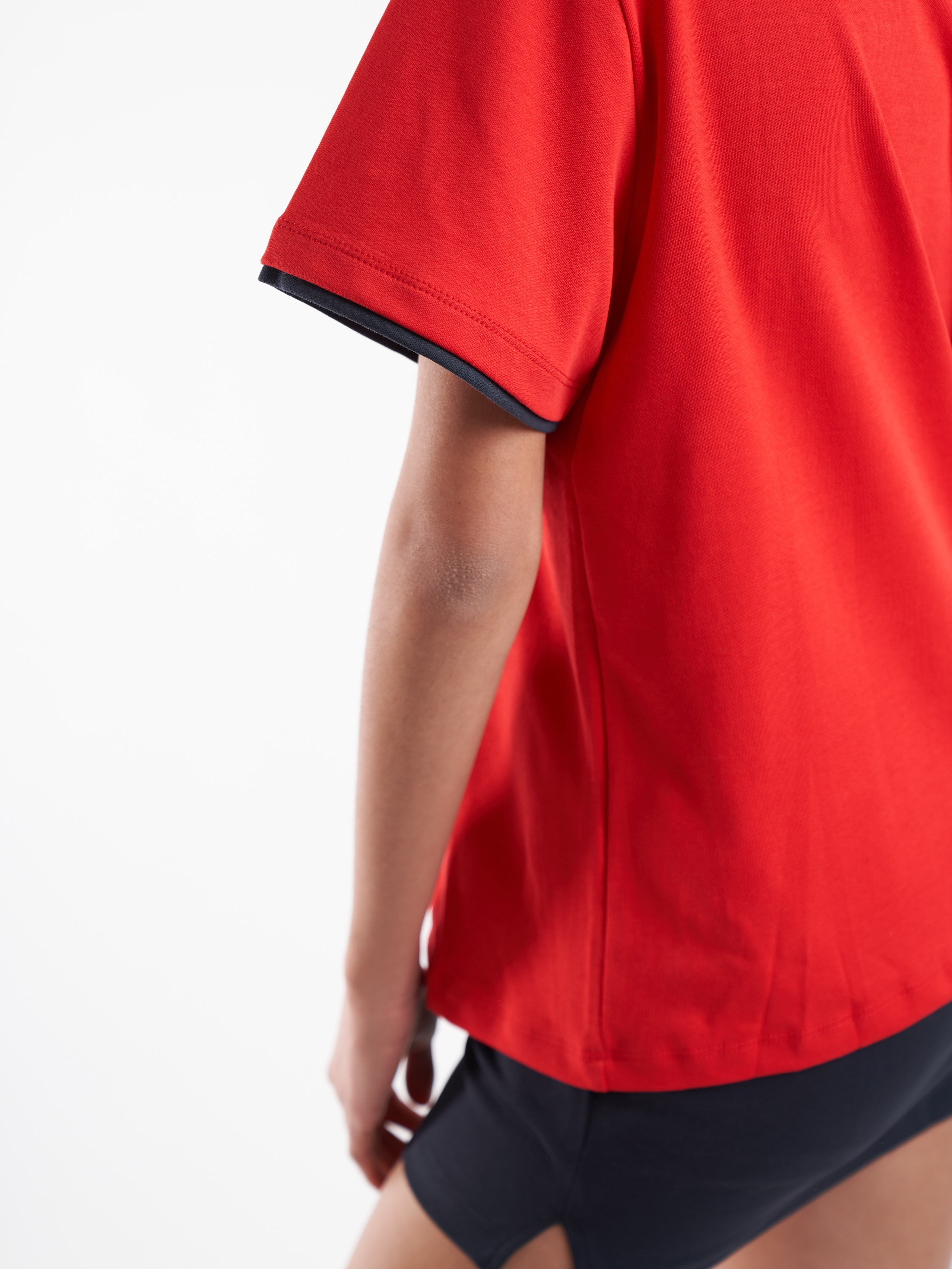 Garnili Basic Kısa Kol T-shirt Kırmızı-Lacivert