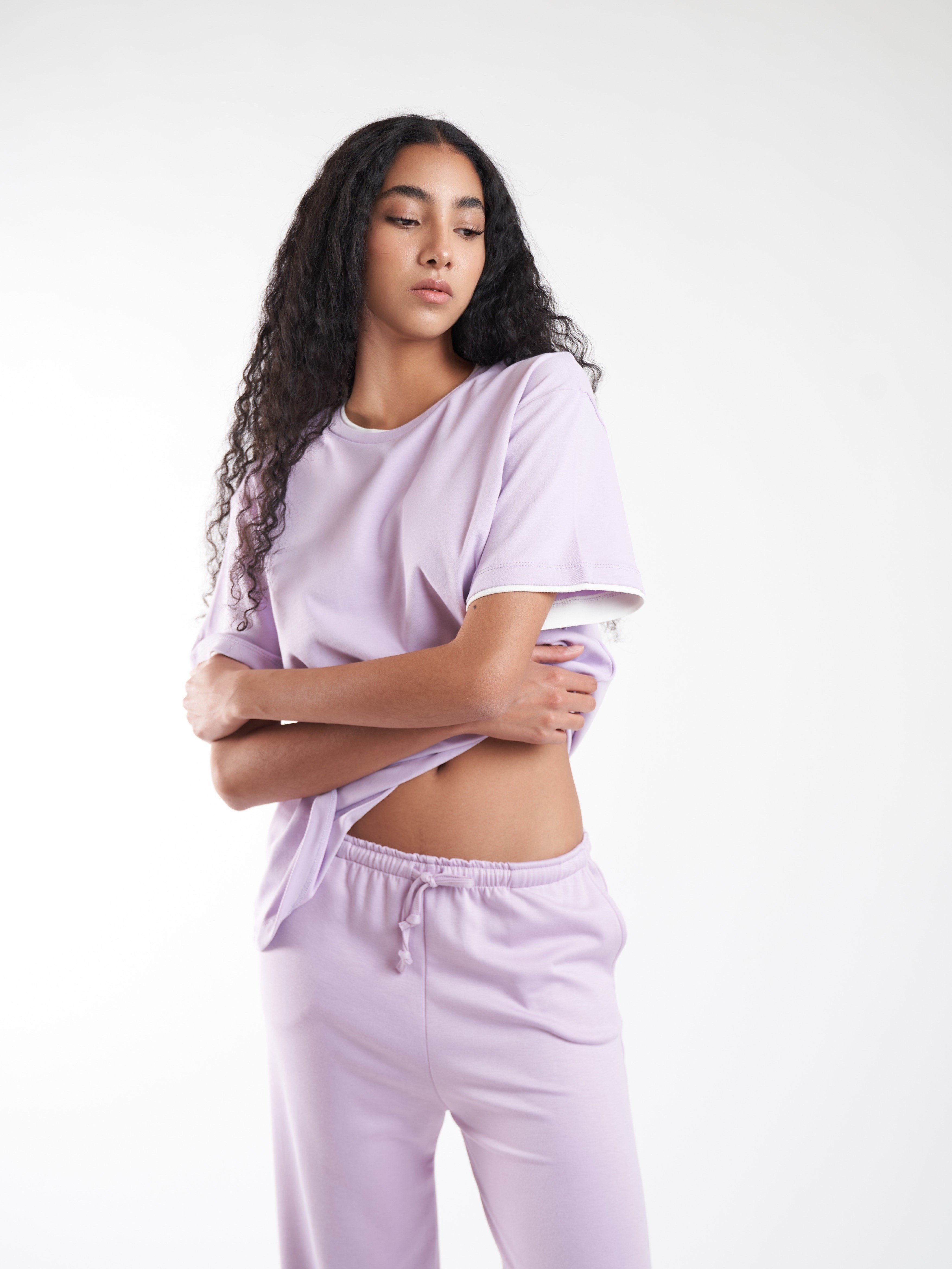 Garnili Basic Kısa Kol T-shirt Lila-Ekru