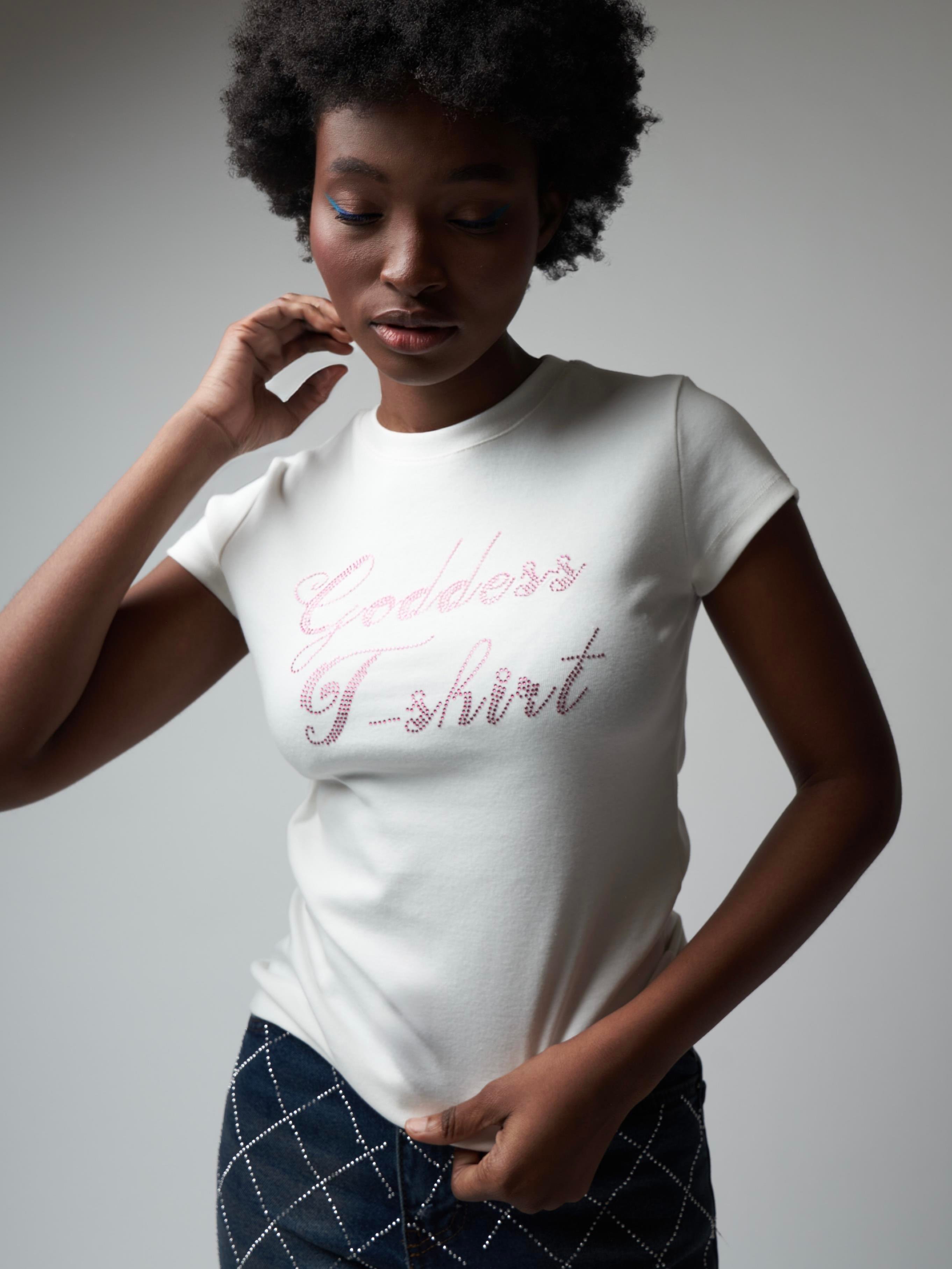 Goddes T-shirt Taş İşleme Kısa Kol Bluz Ekru