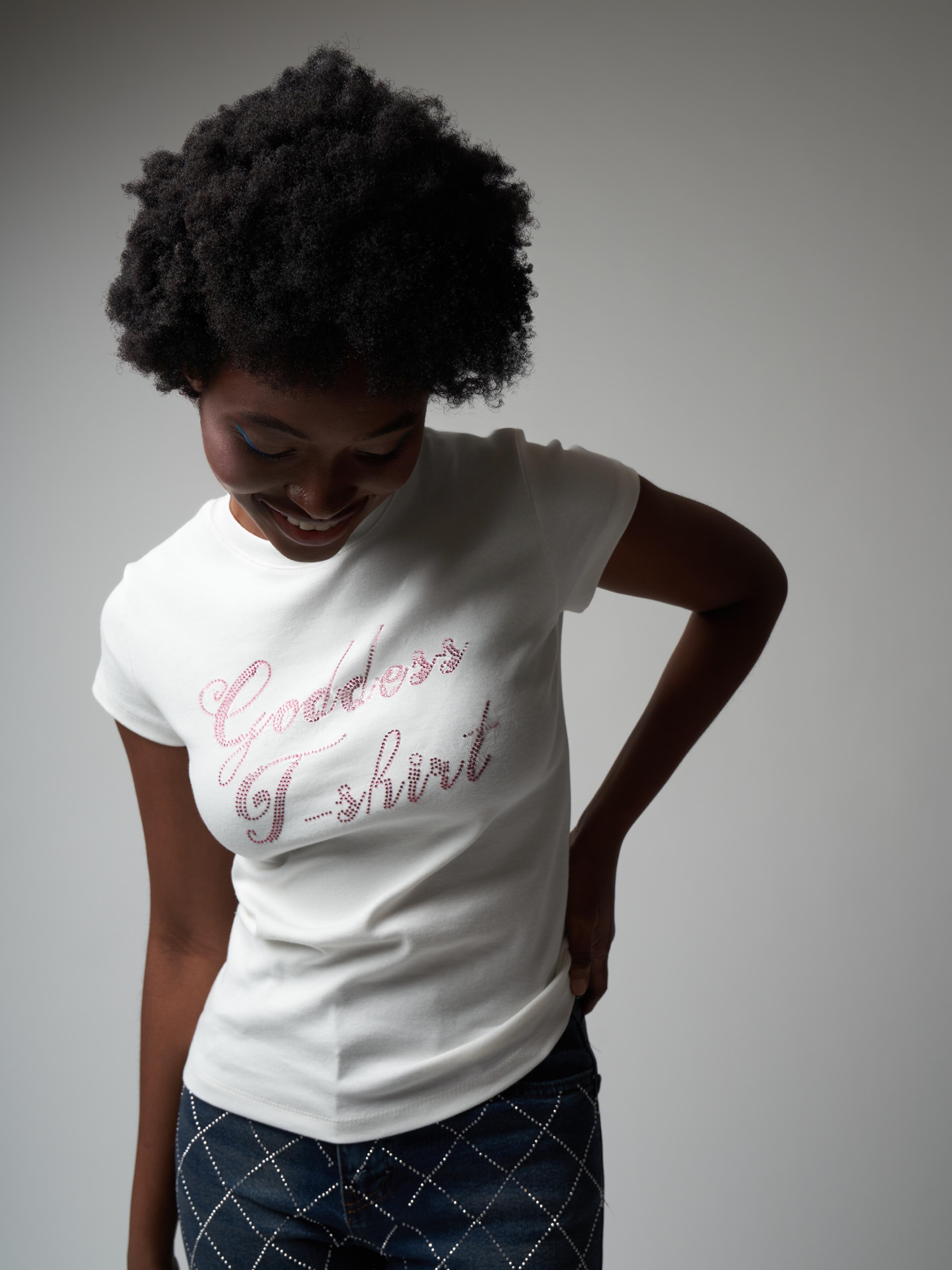 Goddes T-shirt Taş İşleme Kısa Kol Bluz Ekru
