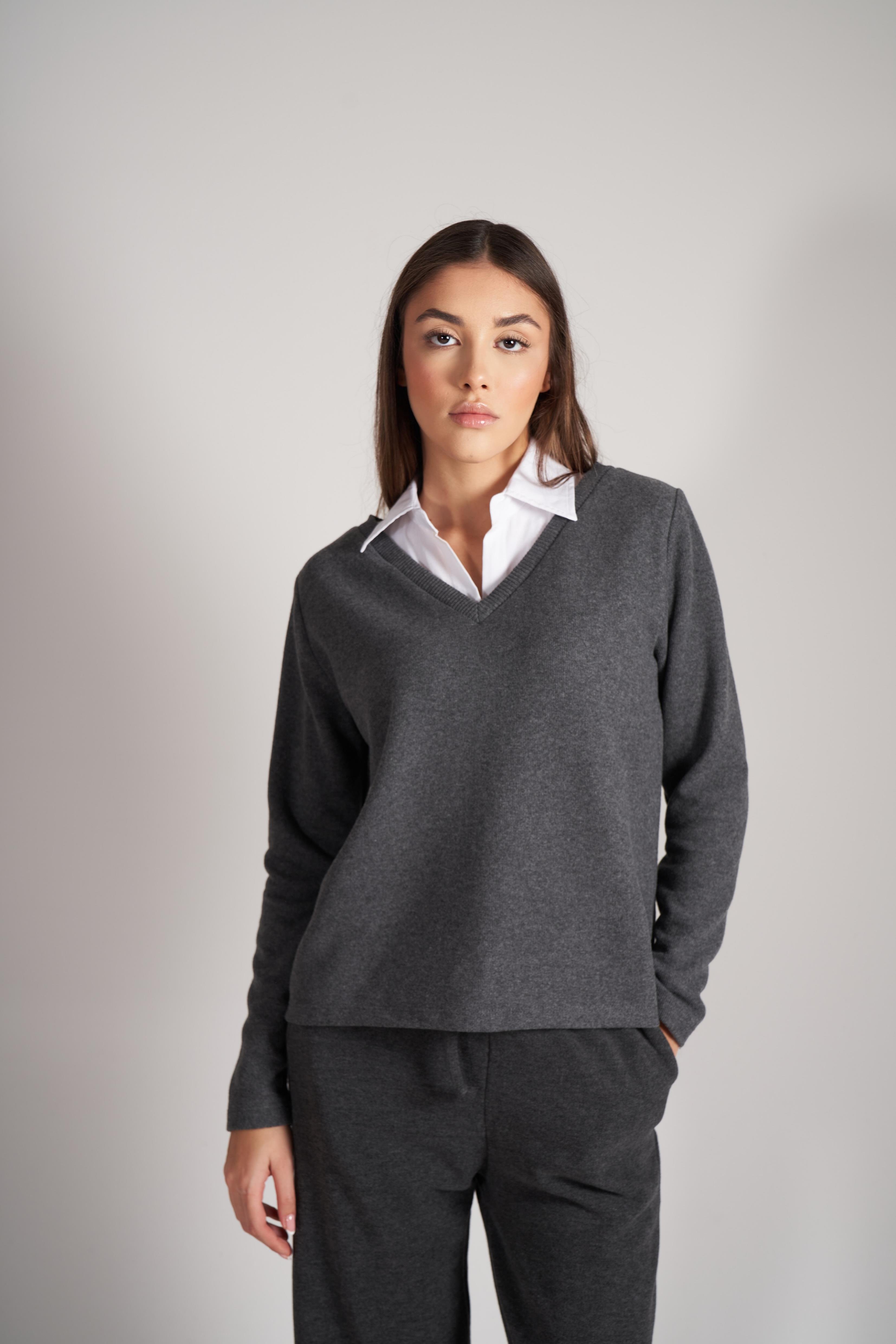 Gömlek Yaka Triko Sweatshirt Antrasit Melanj