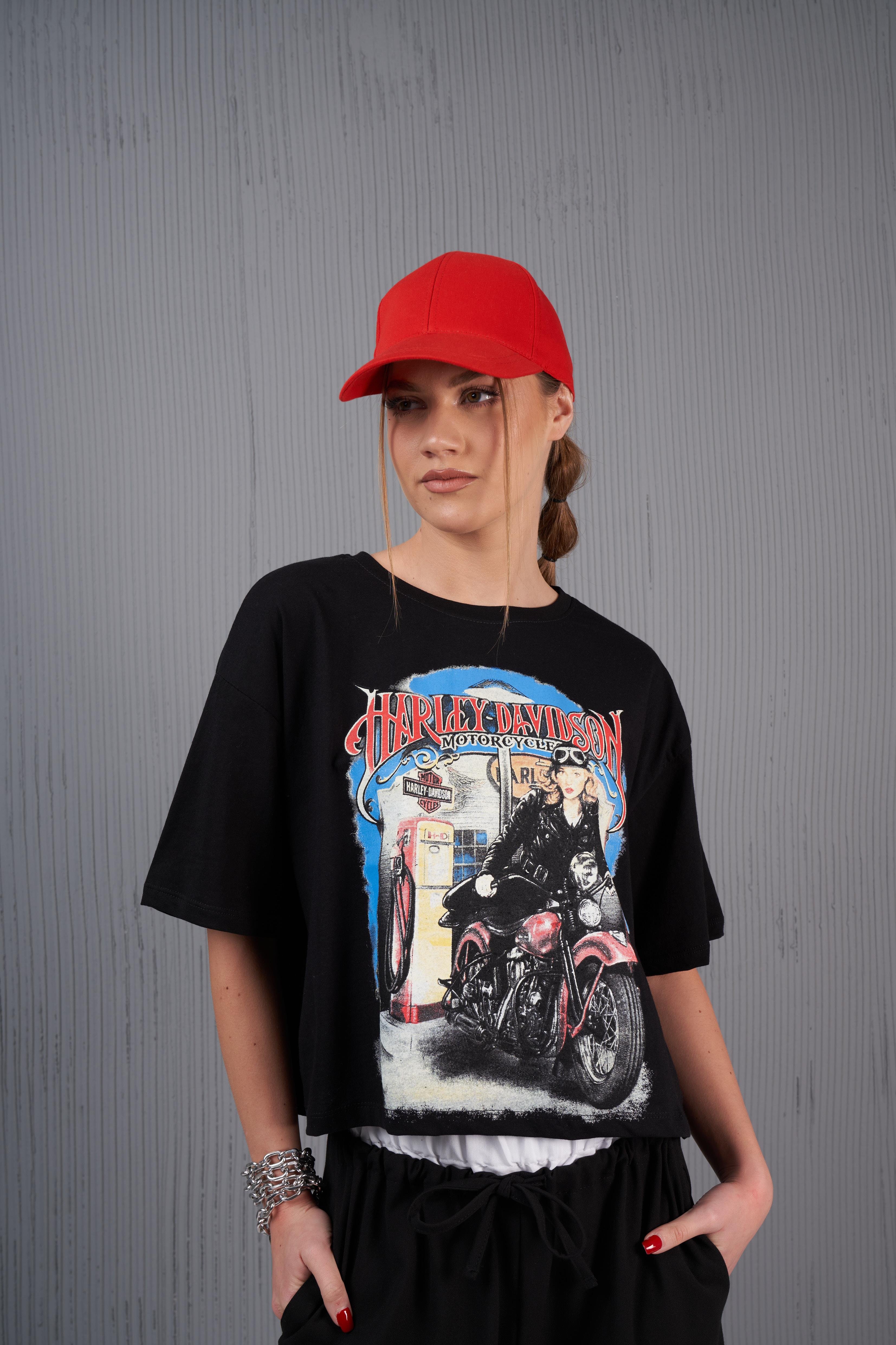 Harley Davidson Baskılı Kısa T-shirt Siyah