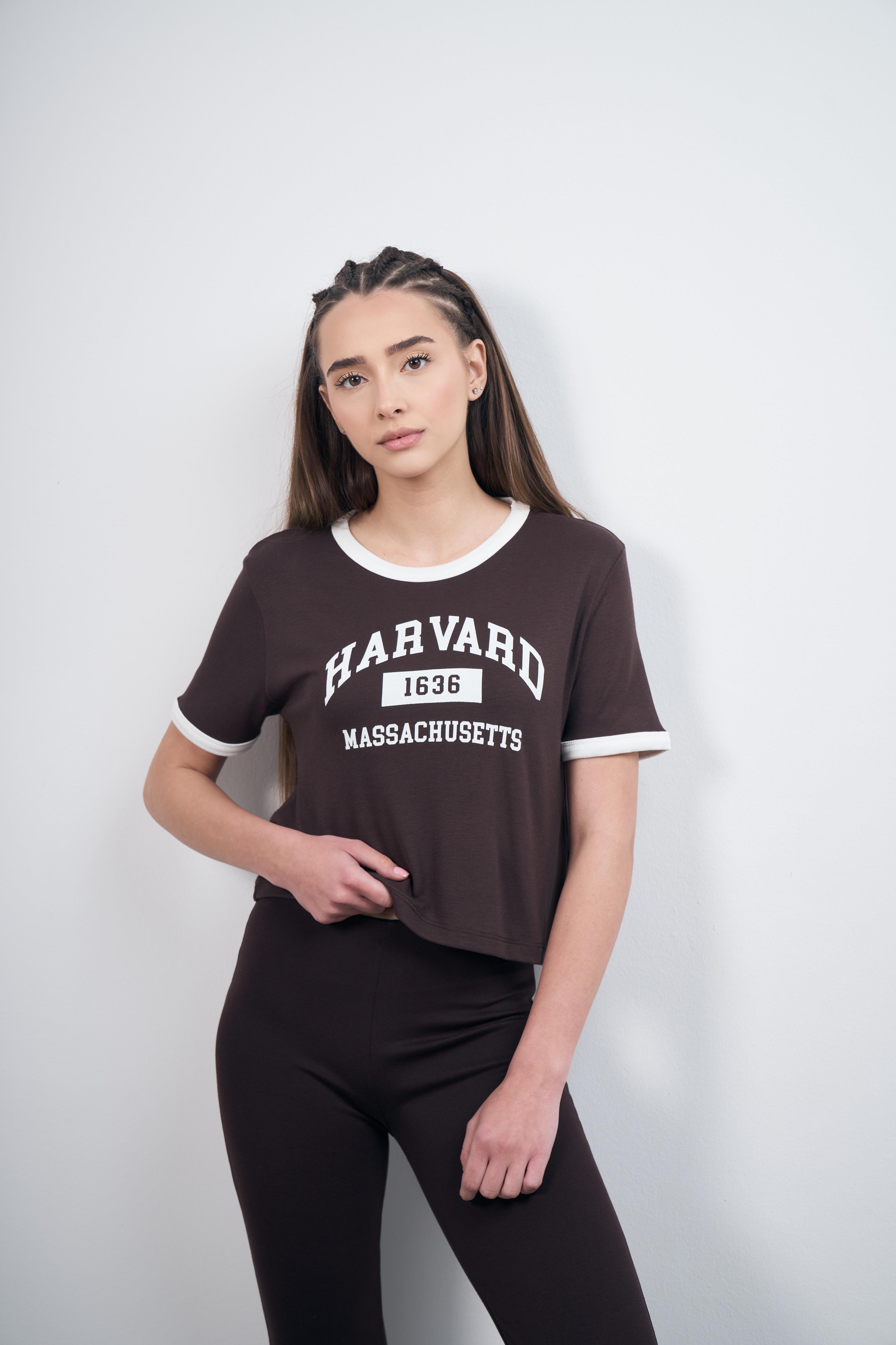 Harvard Baskılı Ribana Bluz Kahve-Ekru