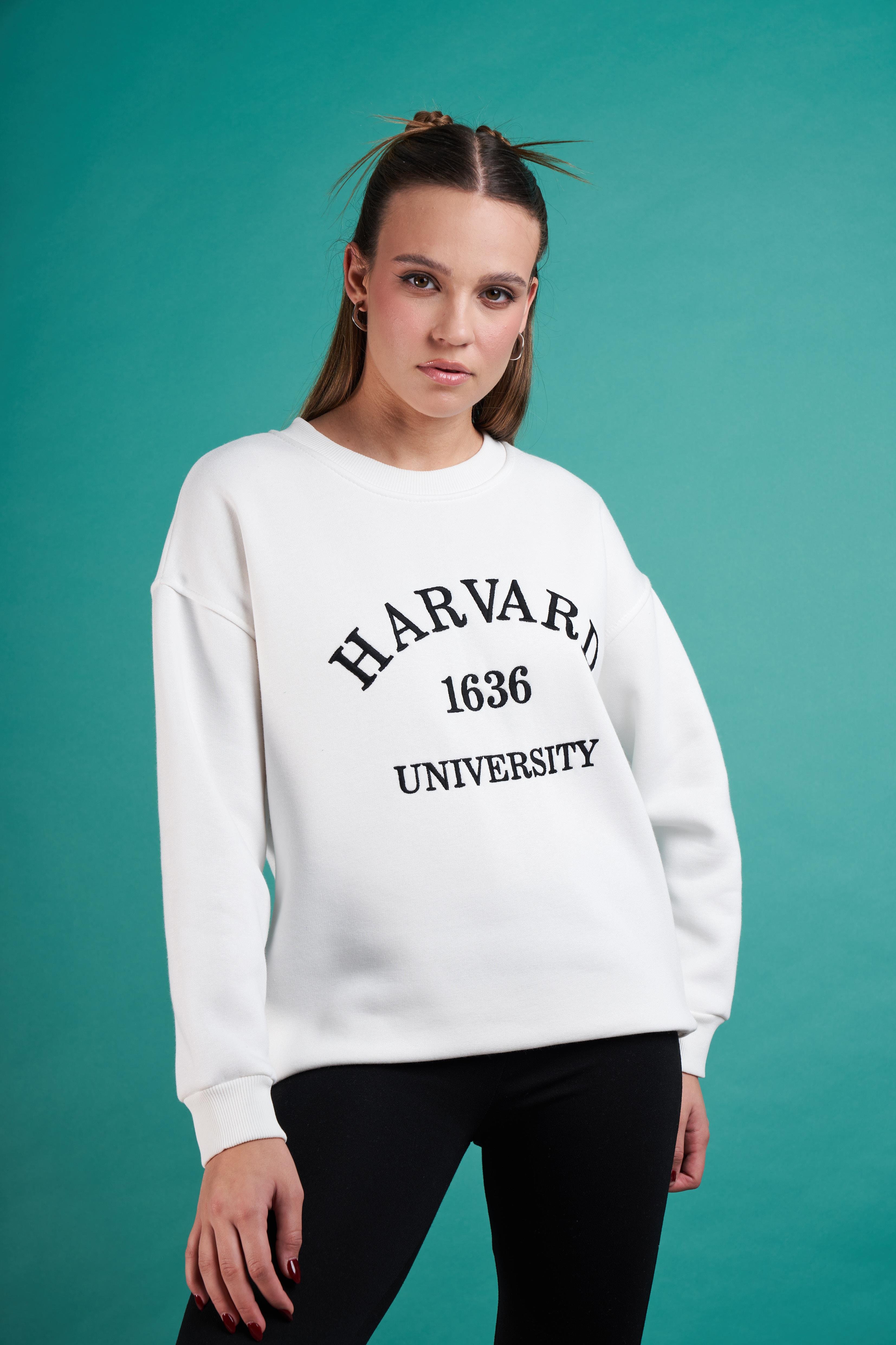 Harvard Nakış Baskılı Sweatshirt Ekru