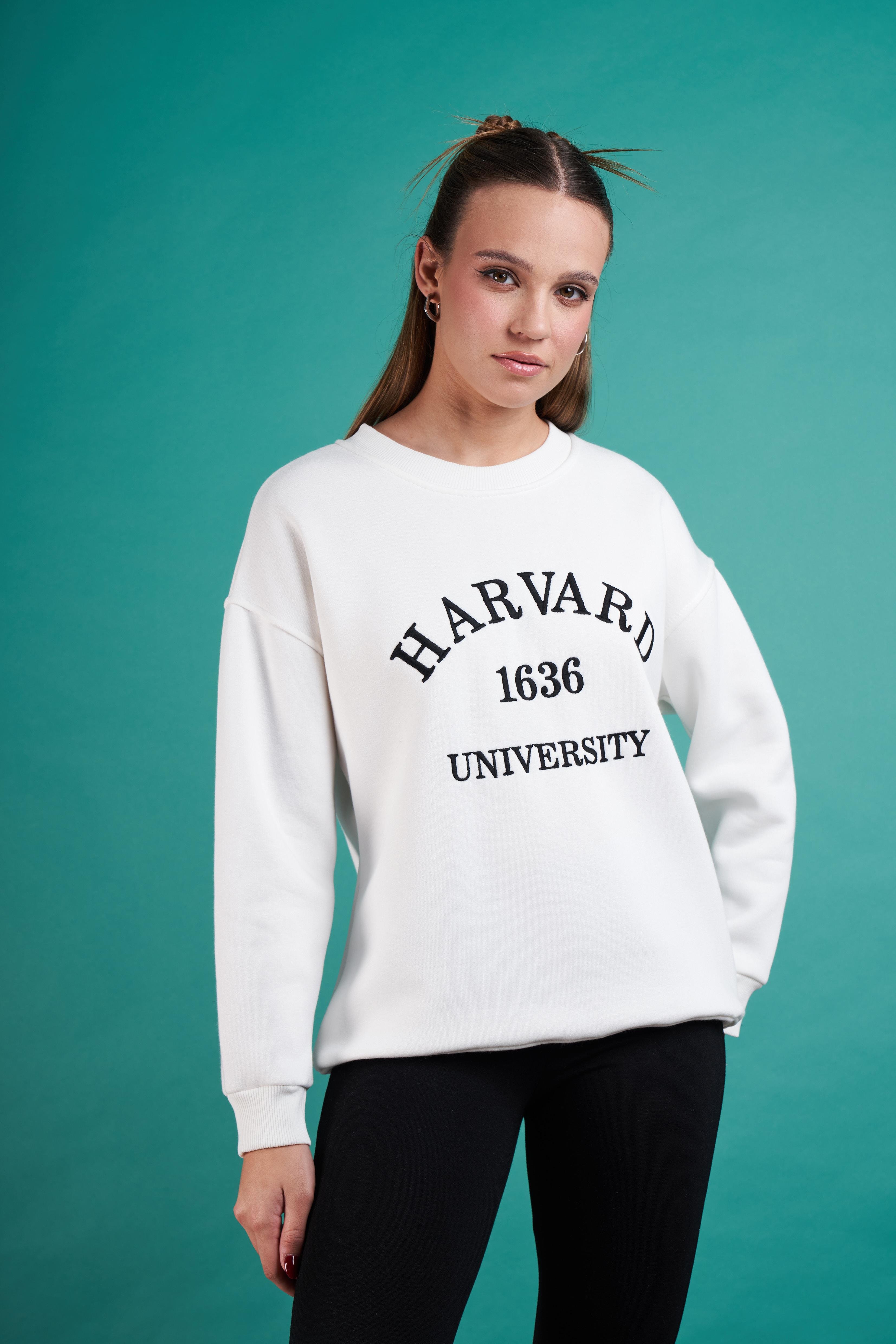 Harvard Nakış Baskılı Sweatshirt Ekru
