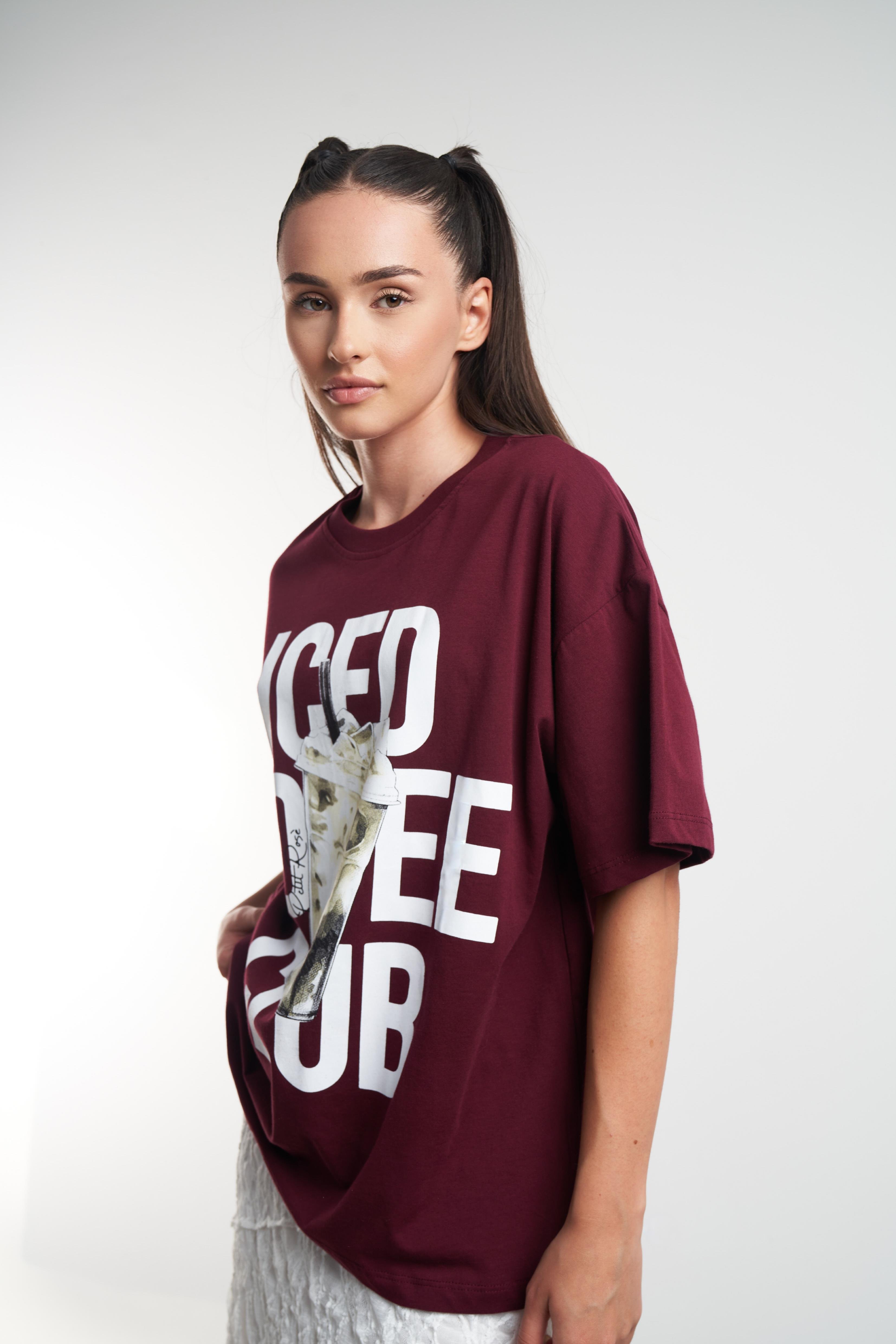 Iced Coffee Club Baskılı Oversize Kısa Kol T-shirt Bordo