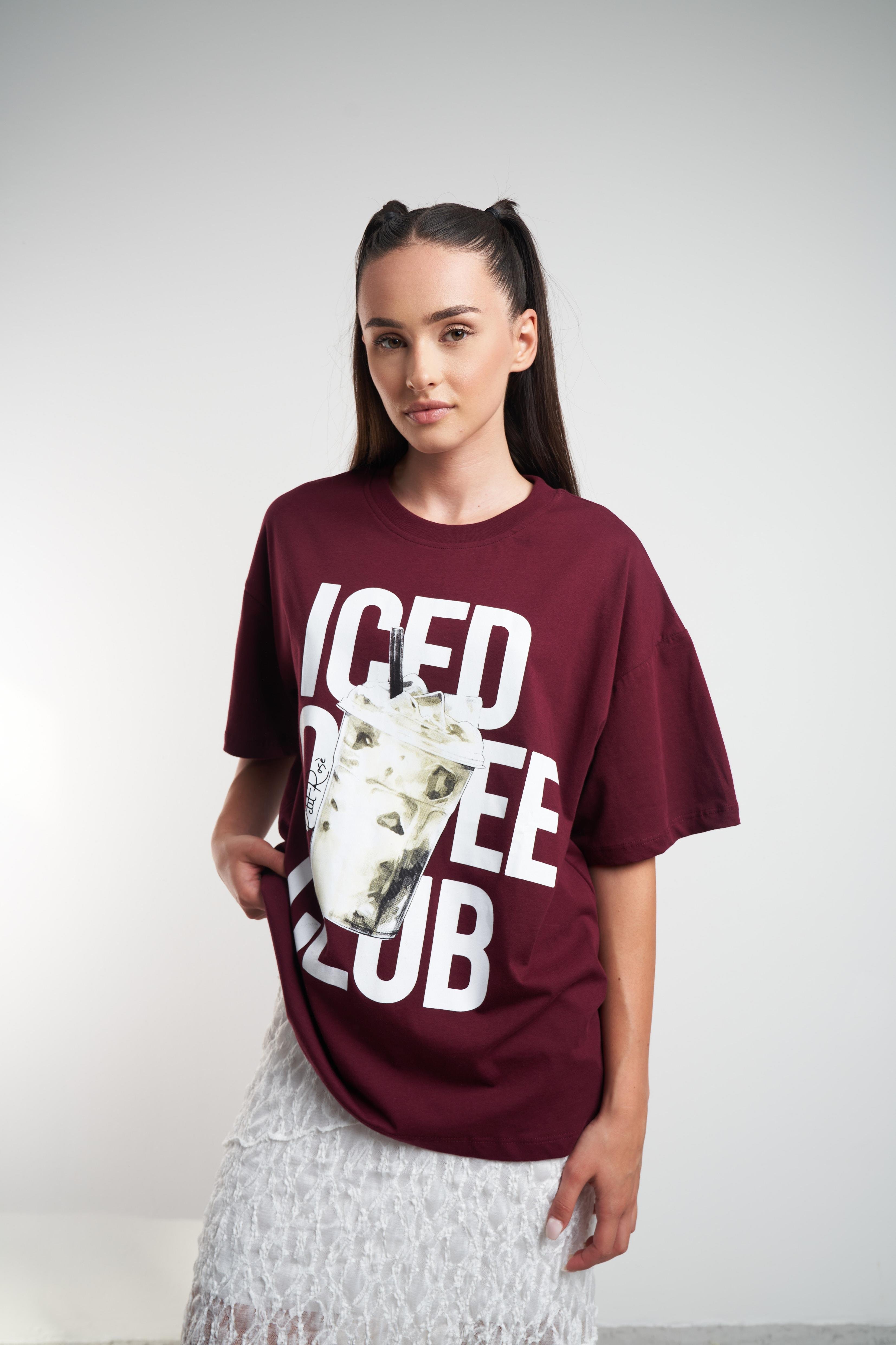 Iced Coffee Club Baskılı Oversize Kısa Kol T-shirt Bordo