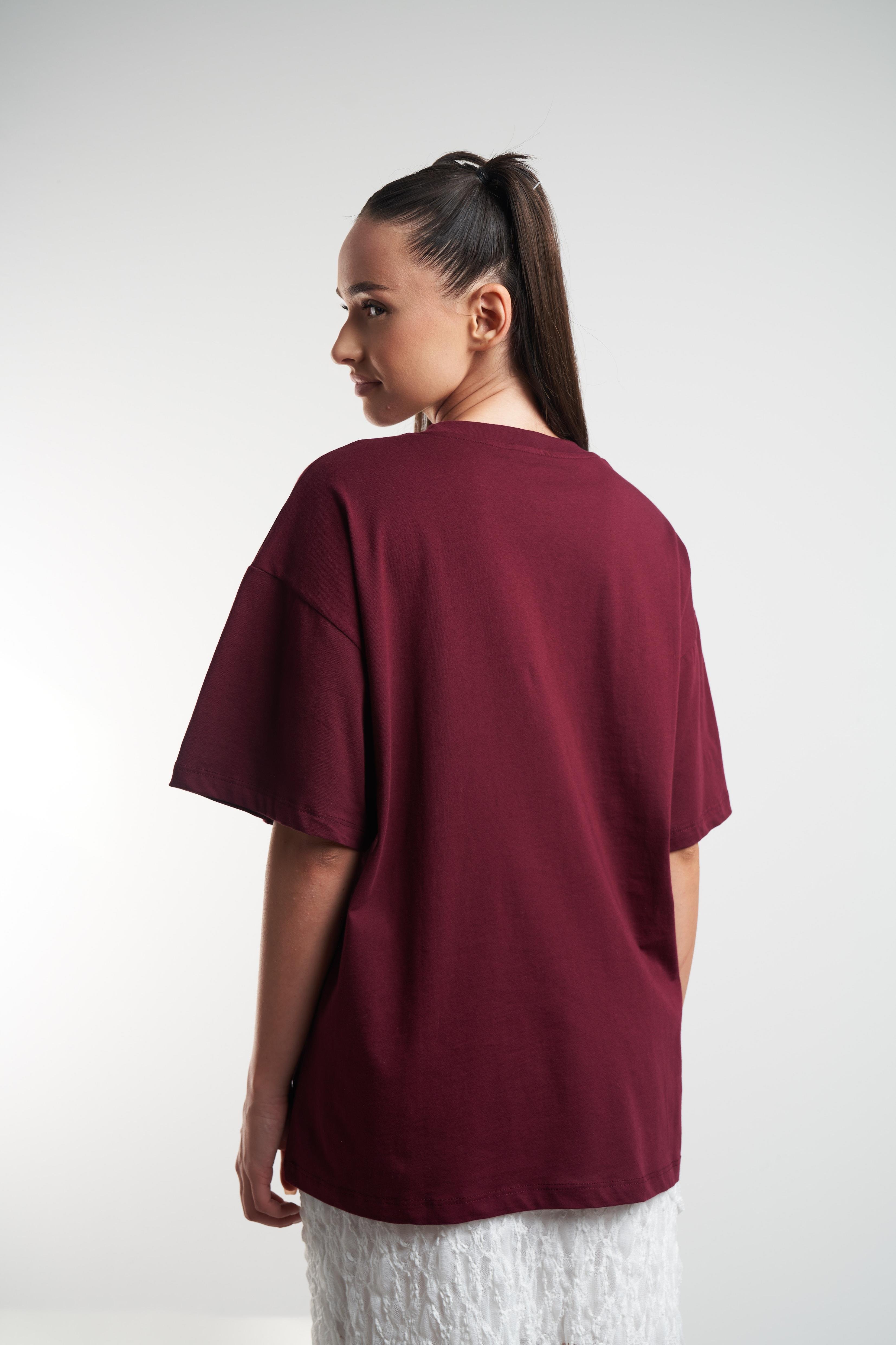 Iced Coffee Club Baskılı Oversize Kısa Kol T-shirt Bordo
