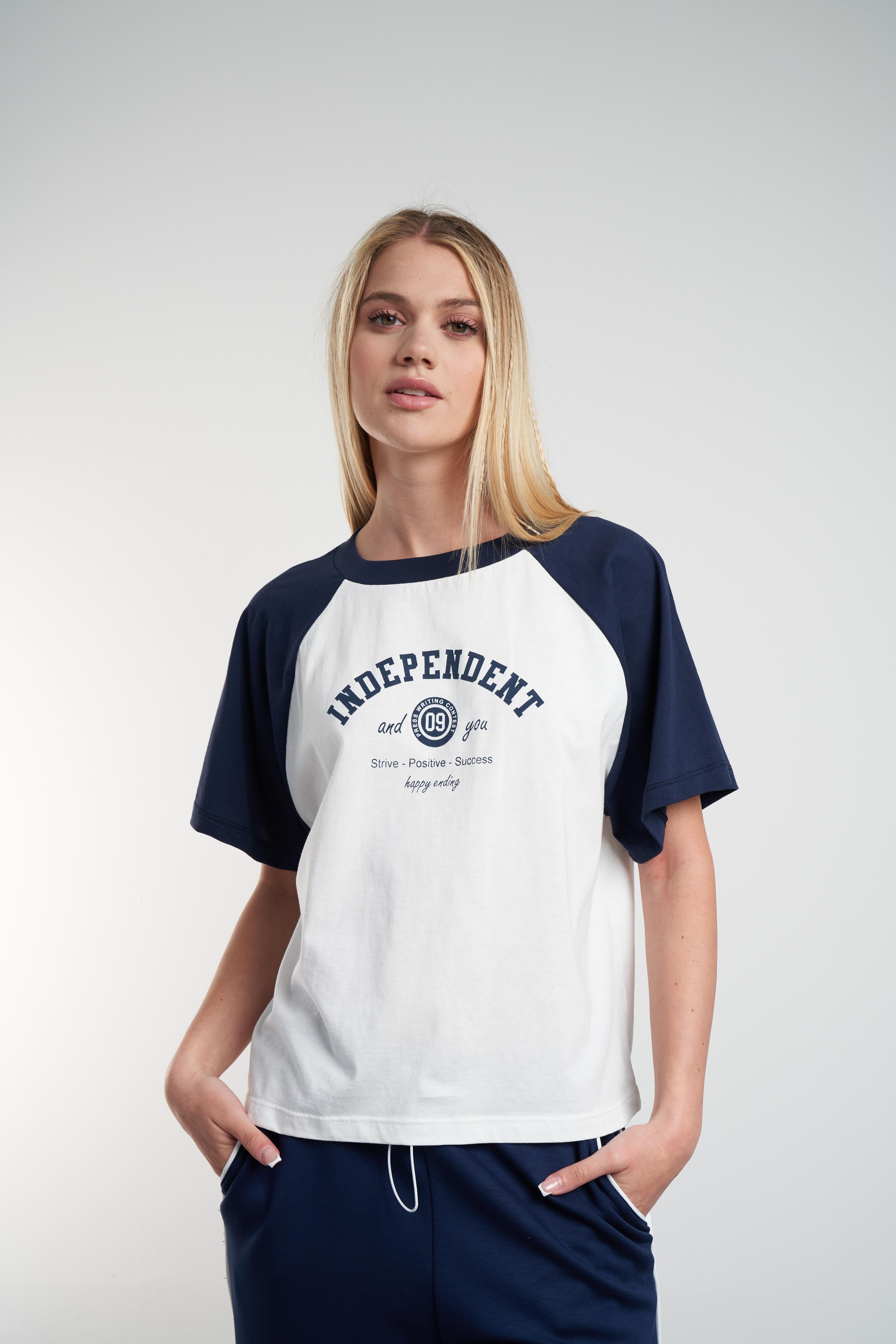 Independent Baskılı T-shirt Ekru-Lacivert