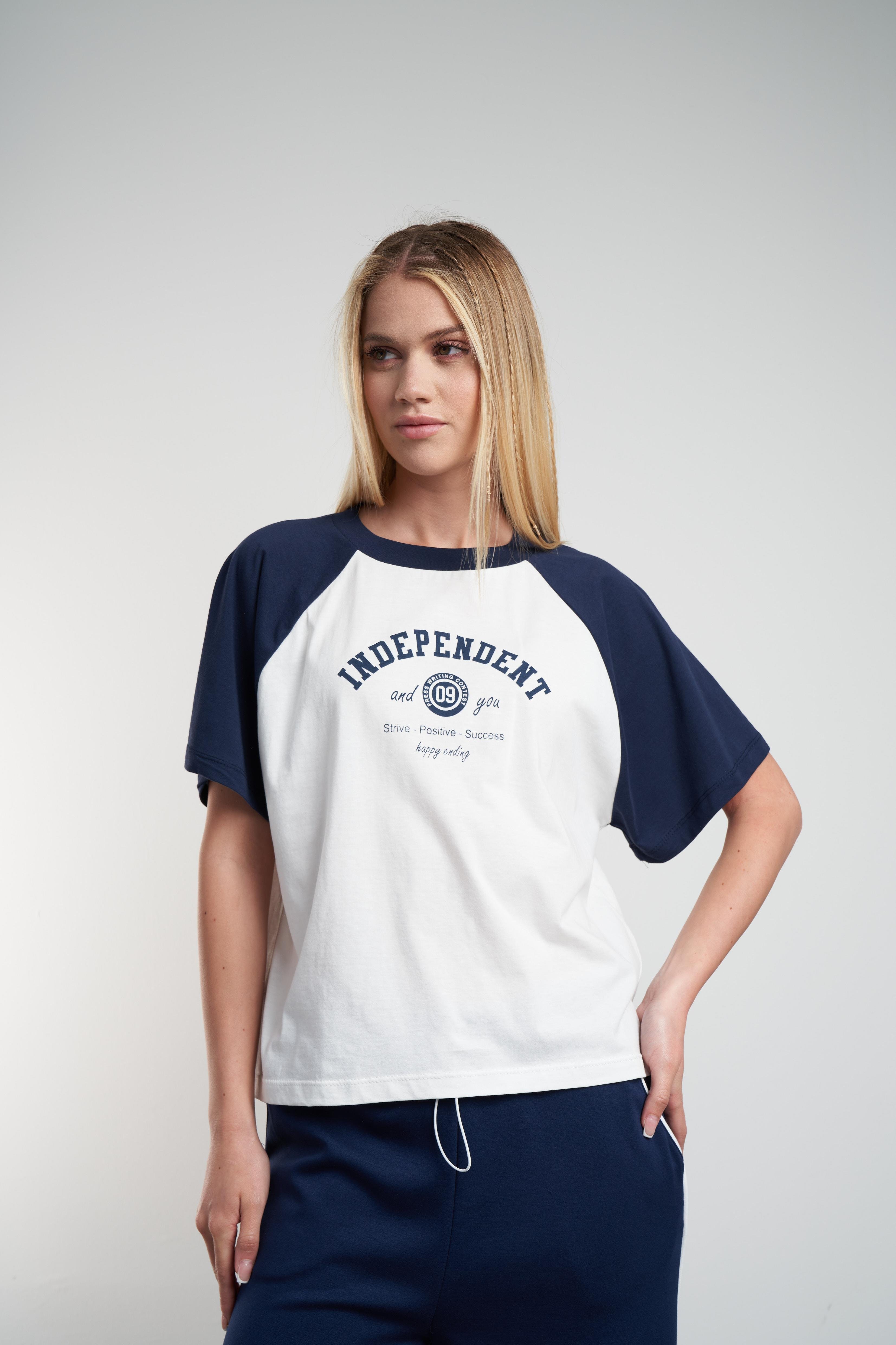 Independent Baskılı T-shirt Ekru-Lacivert