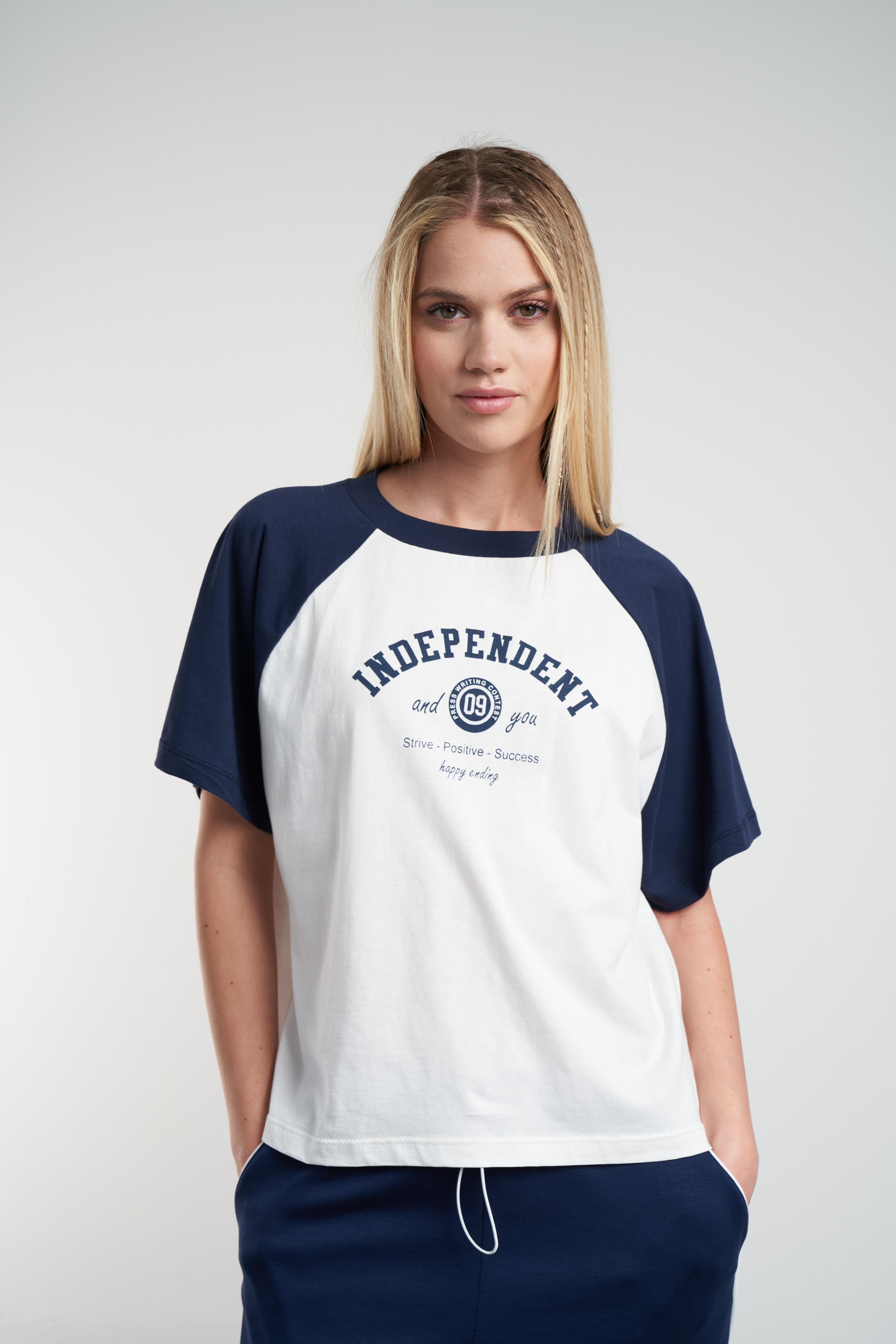 Independent Baskılı T-shirt Ekru-Lacivert