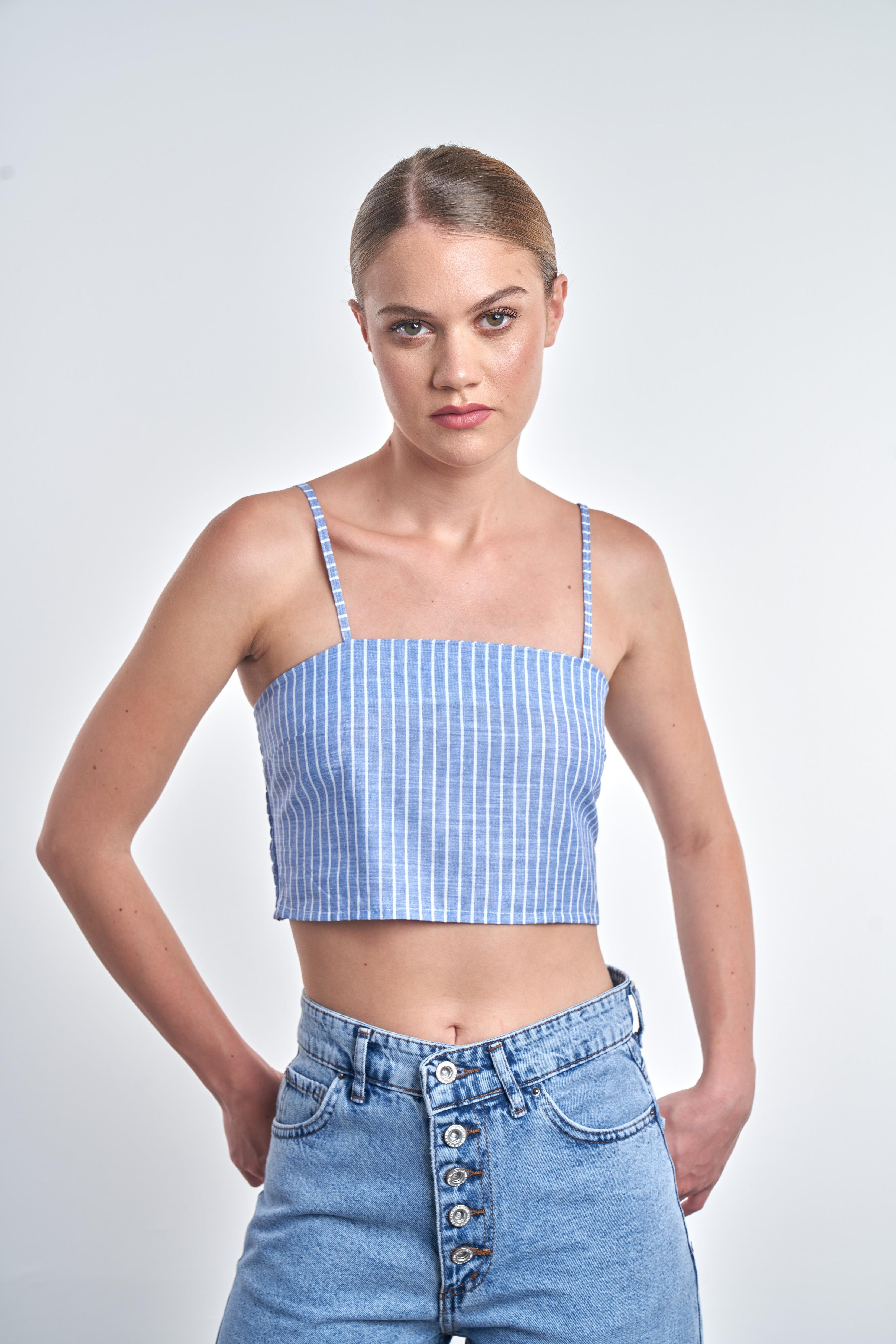 İp Askılı Çizgili Crop Mavi