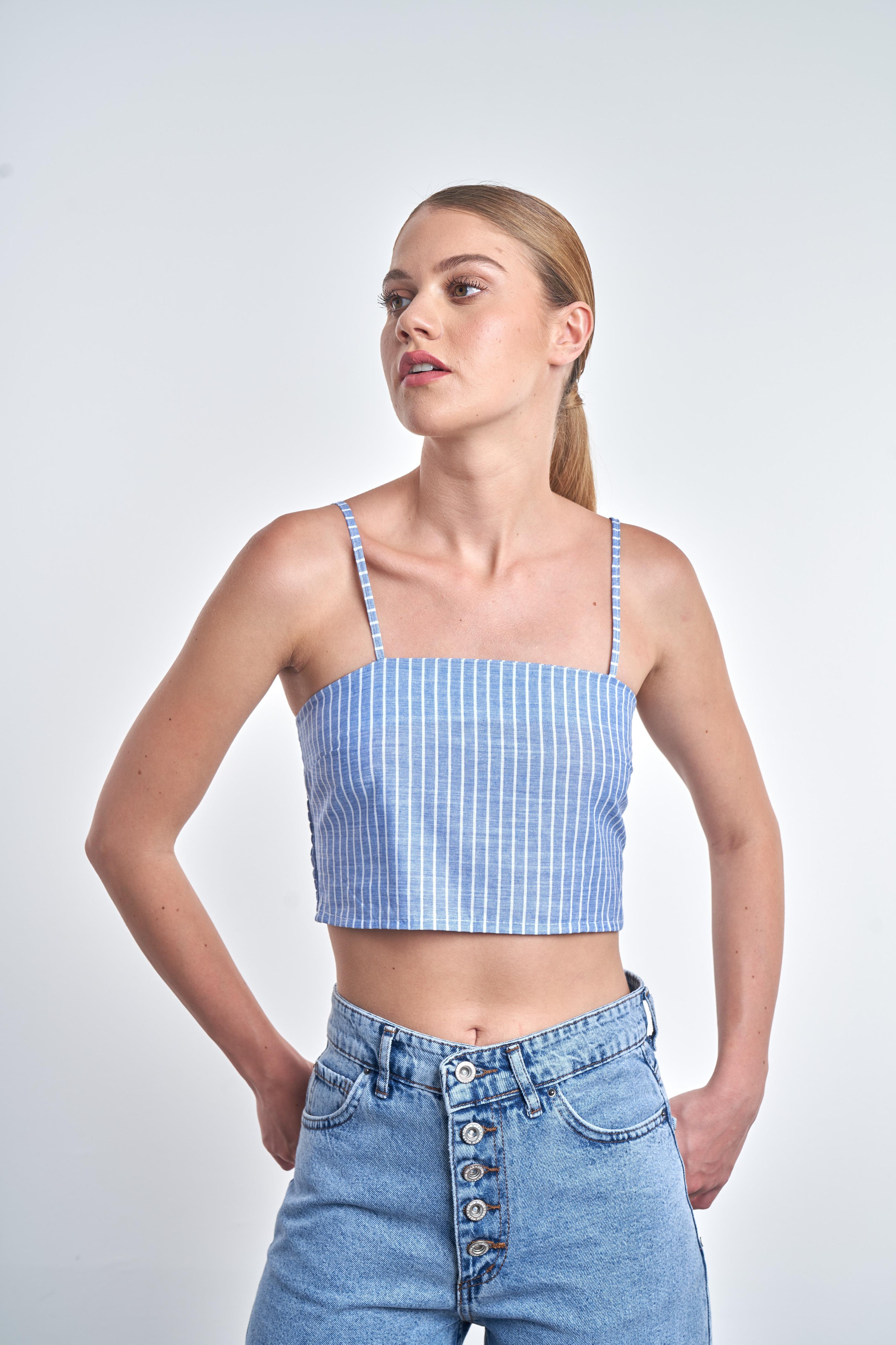 İp Askılı Çizgili Crop Mavi