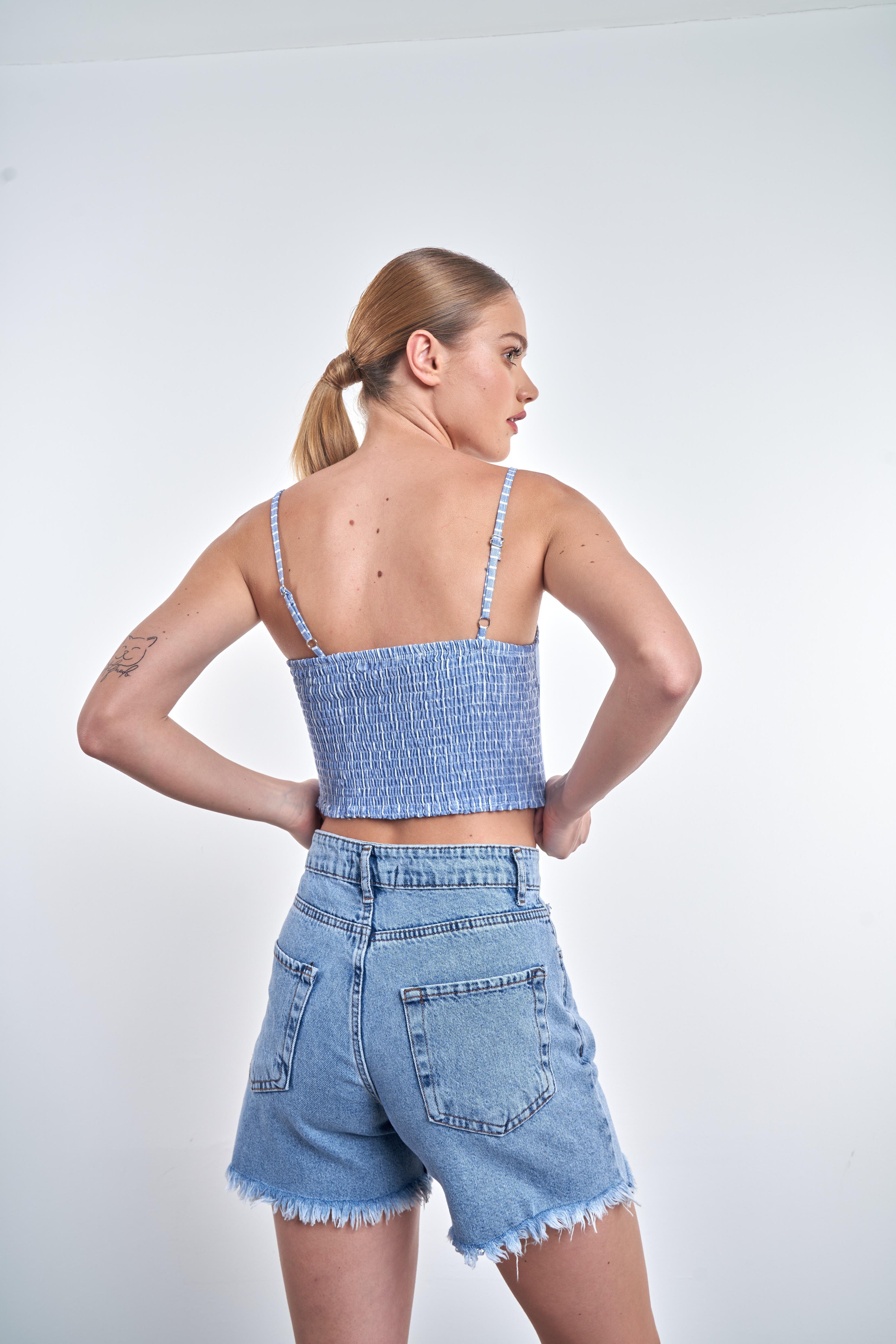 İp Askılı Çizgili Crop Mavi