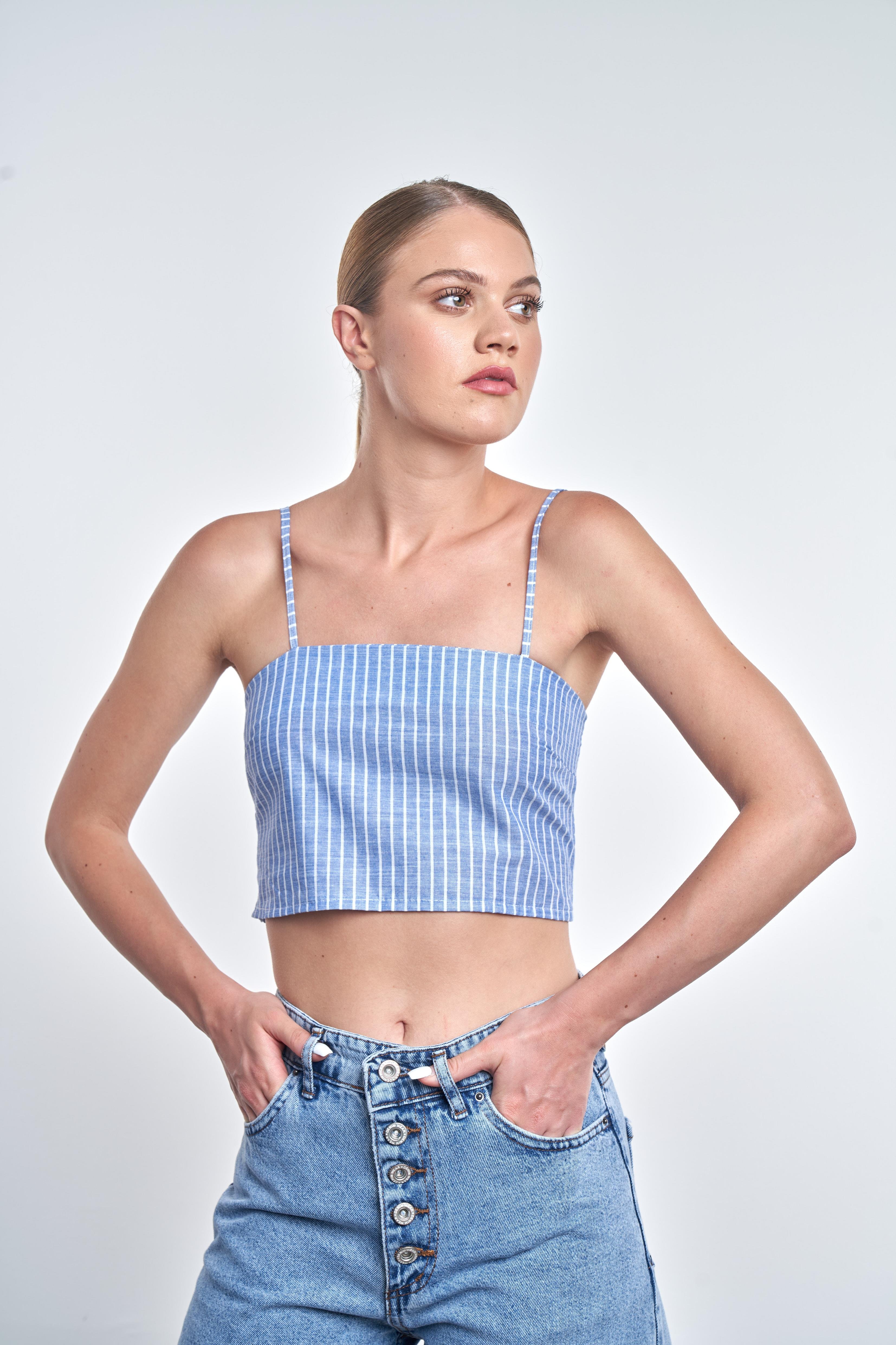 İp Askılı Çizgili Crop Mavi