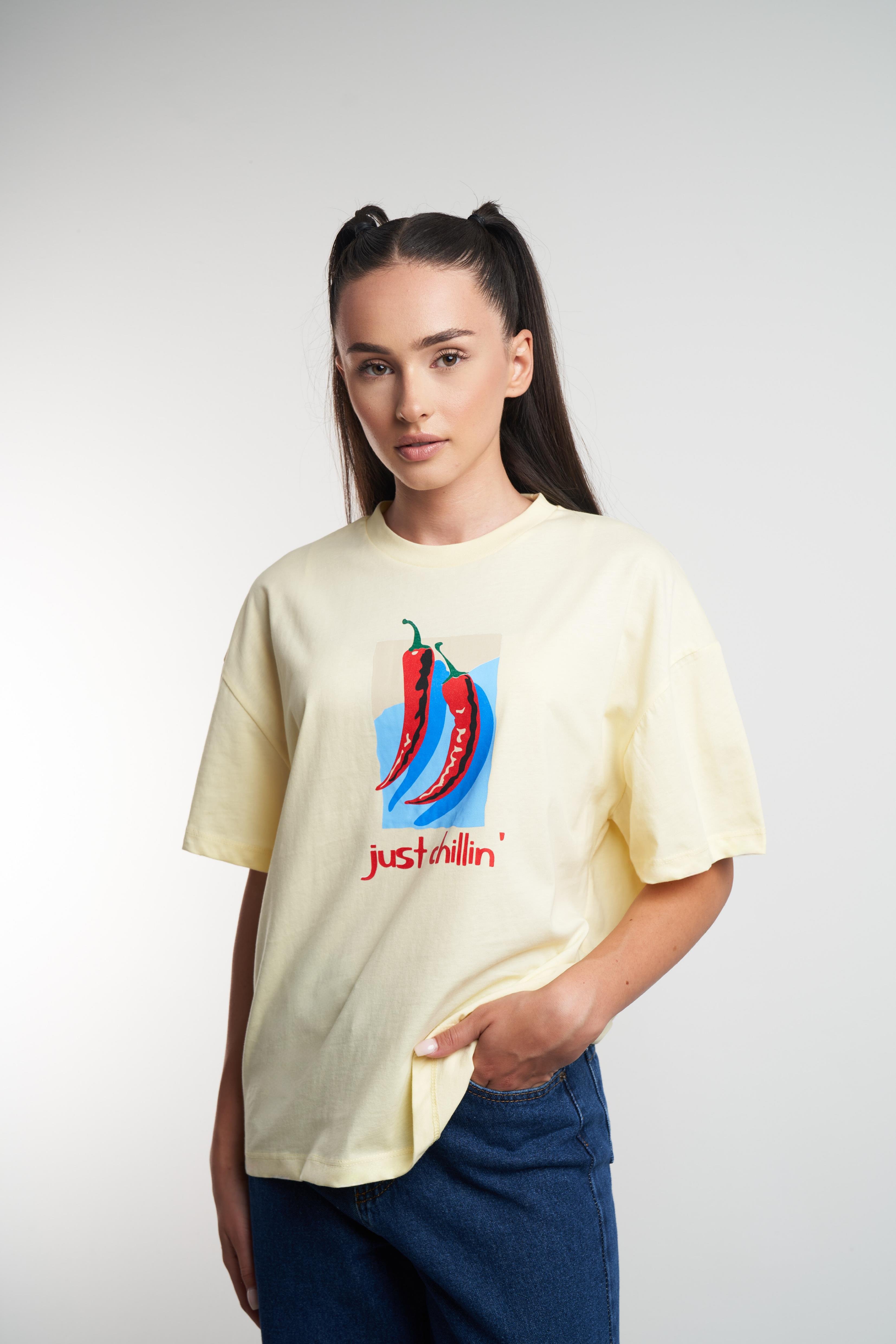Just Chillin' Baskılı Oversize Kısa Kol T-shirt Sarı