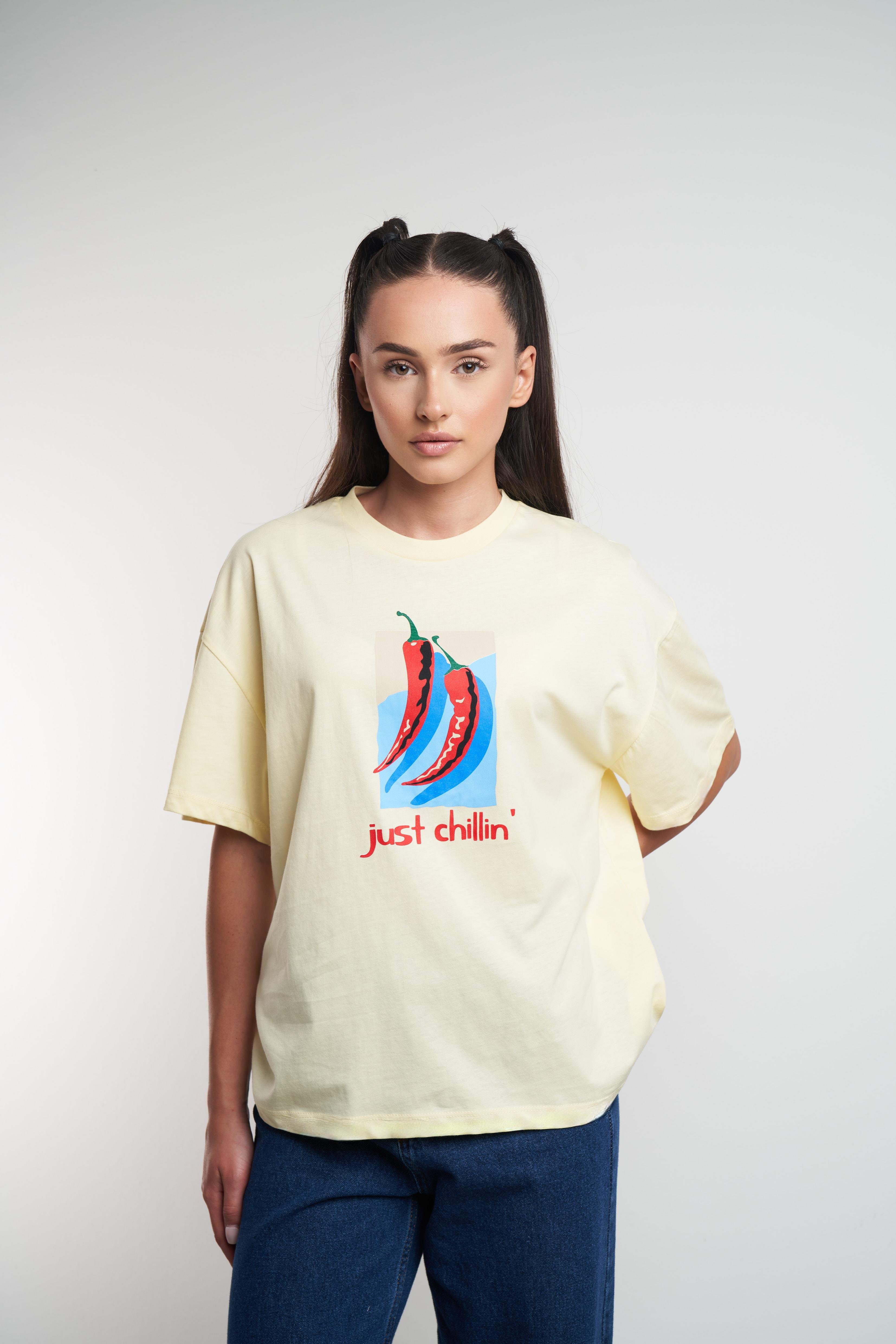 Just Chillin' Baskılı Oversize Kısa Kol T-shirt Sarı