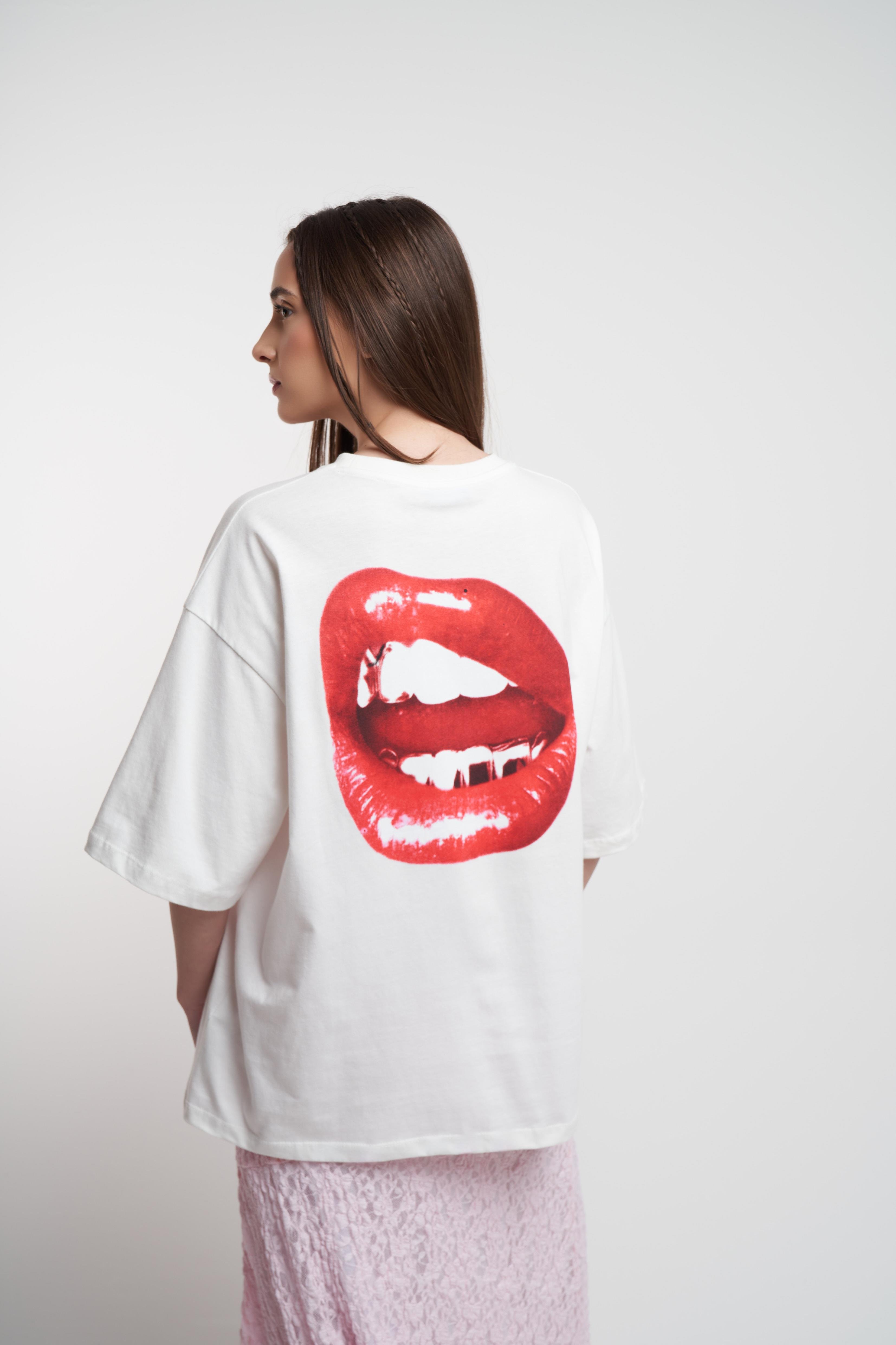 Just Read My Lips Baskılı Oversize Kısa Kol T-shirt Ekru