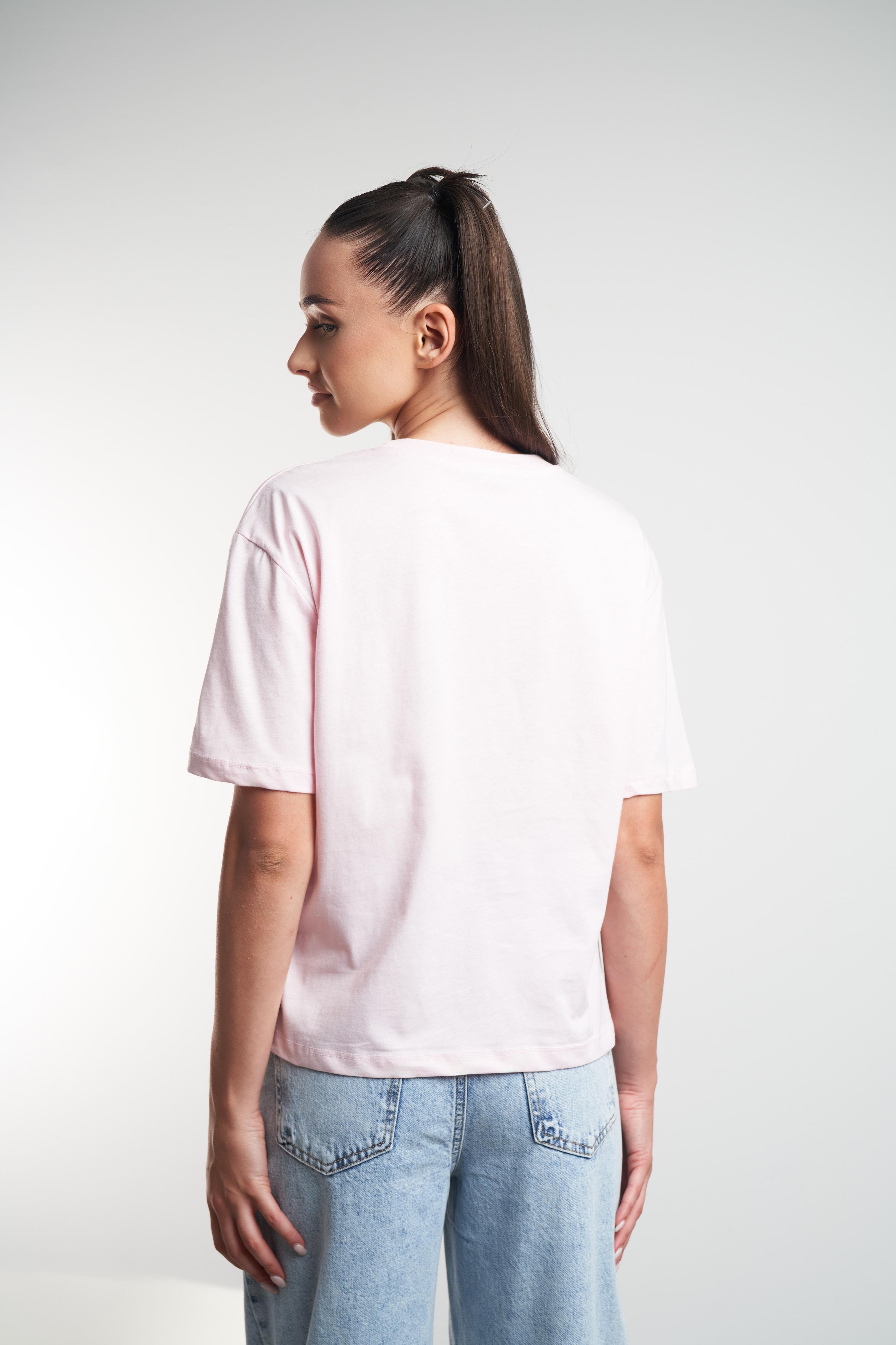 Kalp Nakış Baskılı Kısa Kol T-shirt Toz Pembe